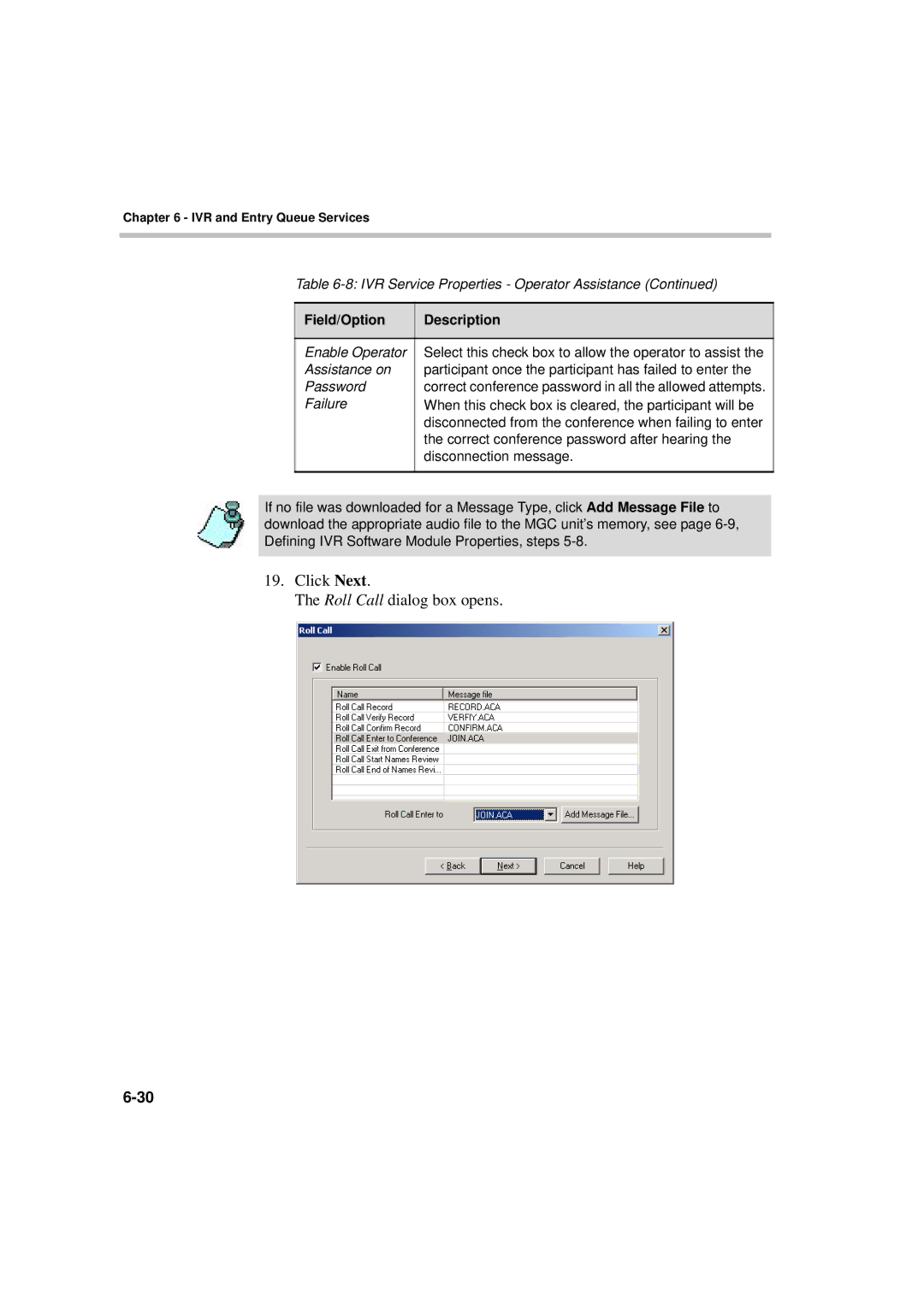 Polycom DOC2066F manual Click Next Roll Call dialog box opens 