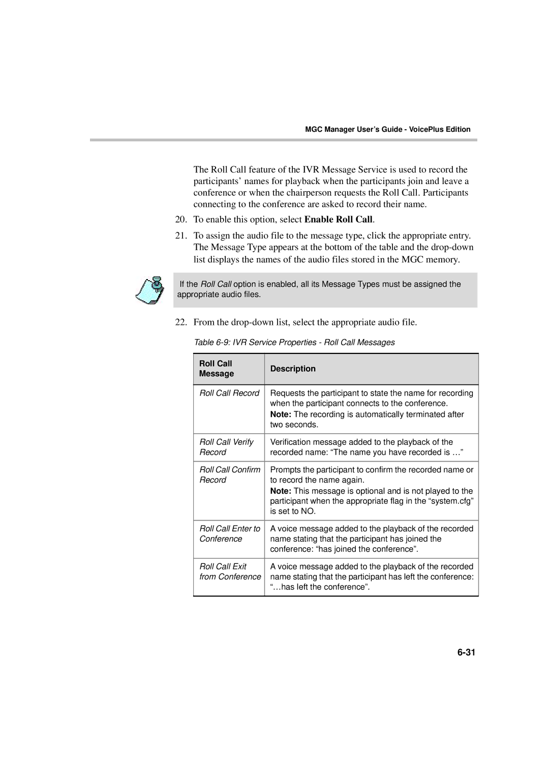 Polycom DOC2066F manual From the drop-down list, select the appropriate audio file, Roll Call Description Message 