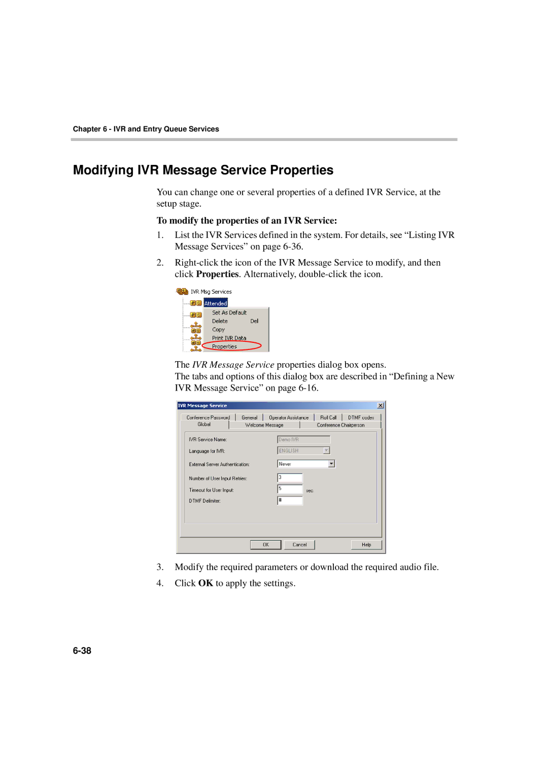 Polycom DOC2066F manual Modifying IVR Message Service Properties, To modify the properties of an IVR Service 