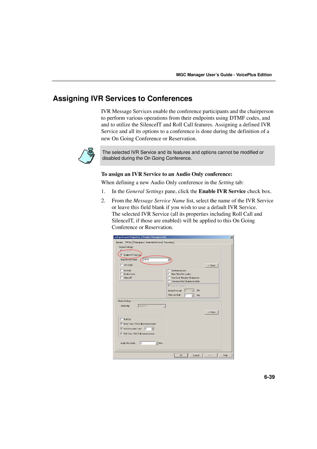 Polycom DOC2066F manual Assigning IVR Services to Conferences, To assign an IVR Service to an Audio Only conference 