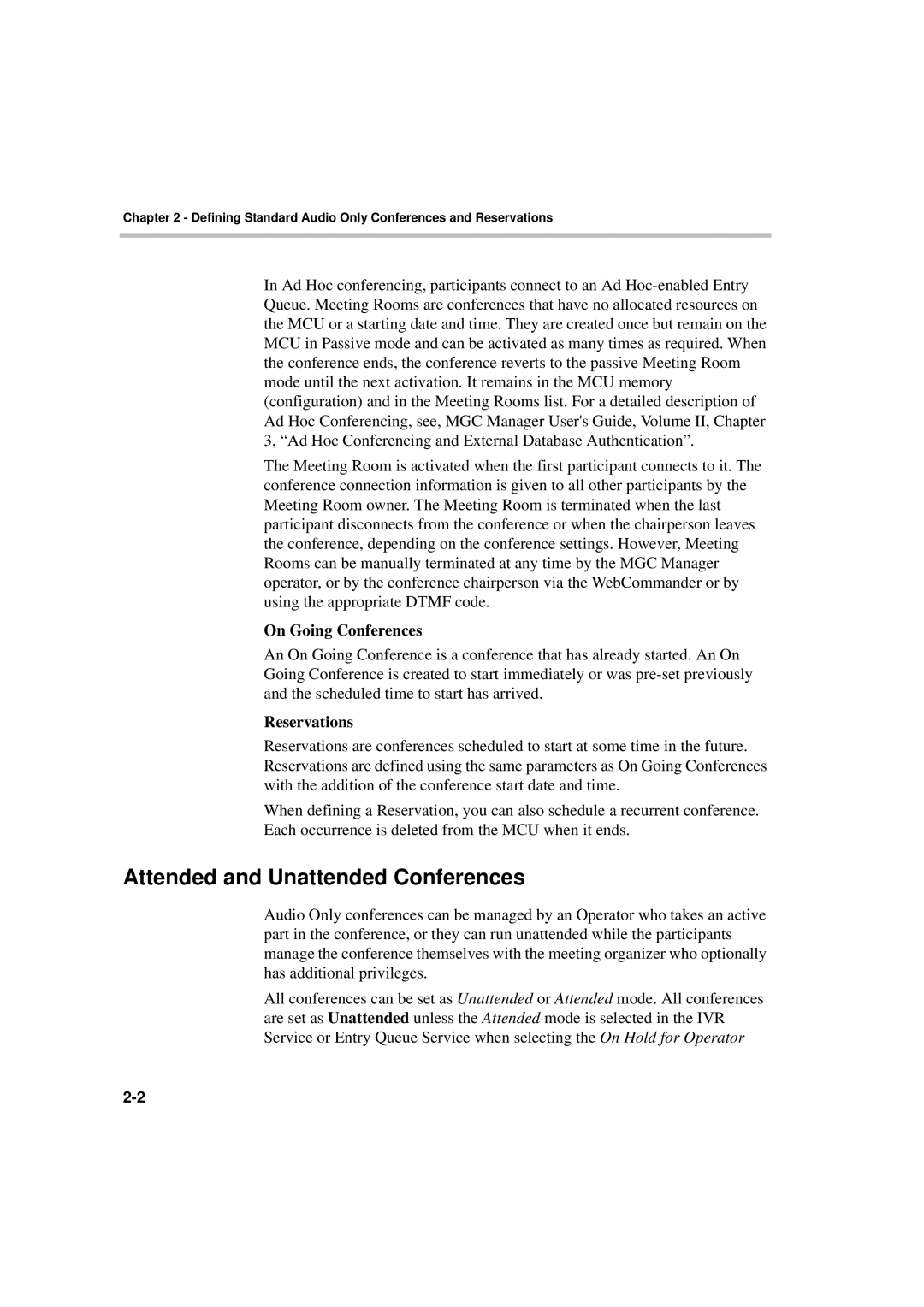 Polycom DOC2066F manual Attended and Unattended Conferences, On Going Conferences, Reservations 