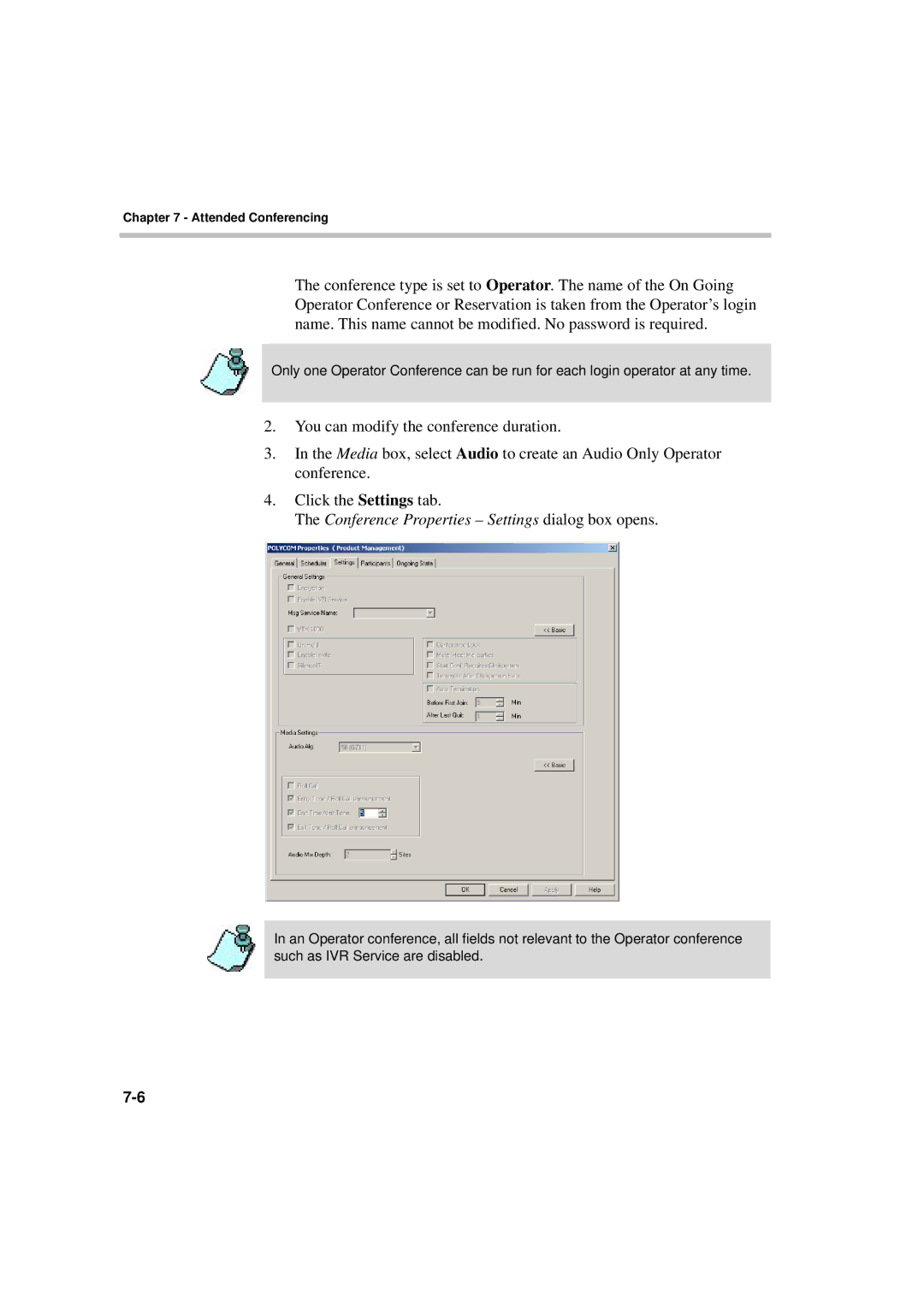 Polycom DOC2066F manual Conference Properties Settings dialog box opens 