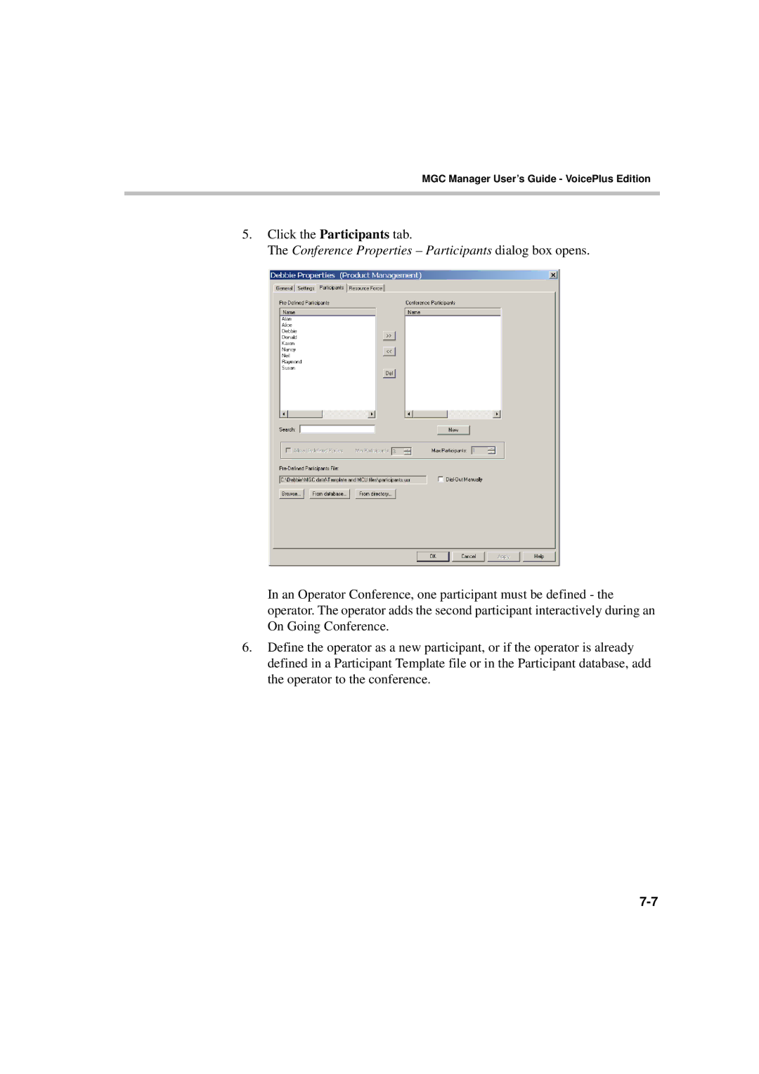 Polycom DOC2066F manual Conference Properties Participants dialog box opens 