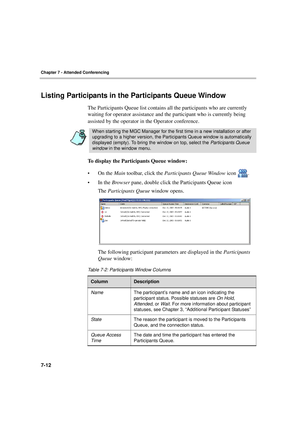 Polycom DOC2066F manual Listing Participants in the Participants Queue Window, To display the Participants Queue window 