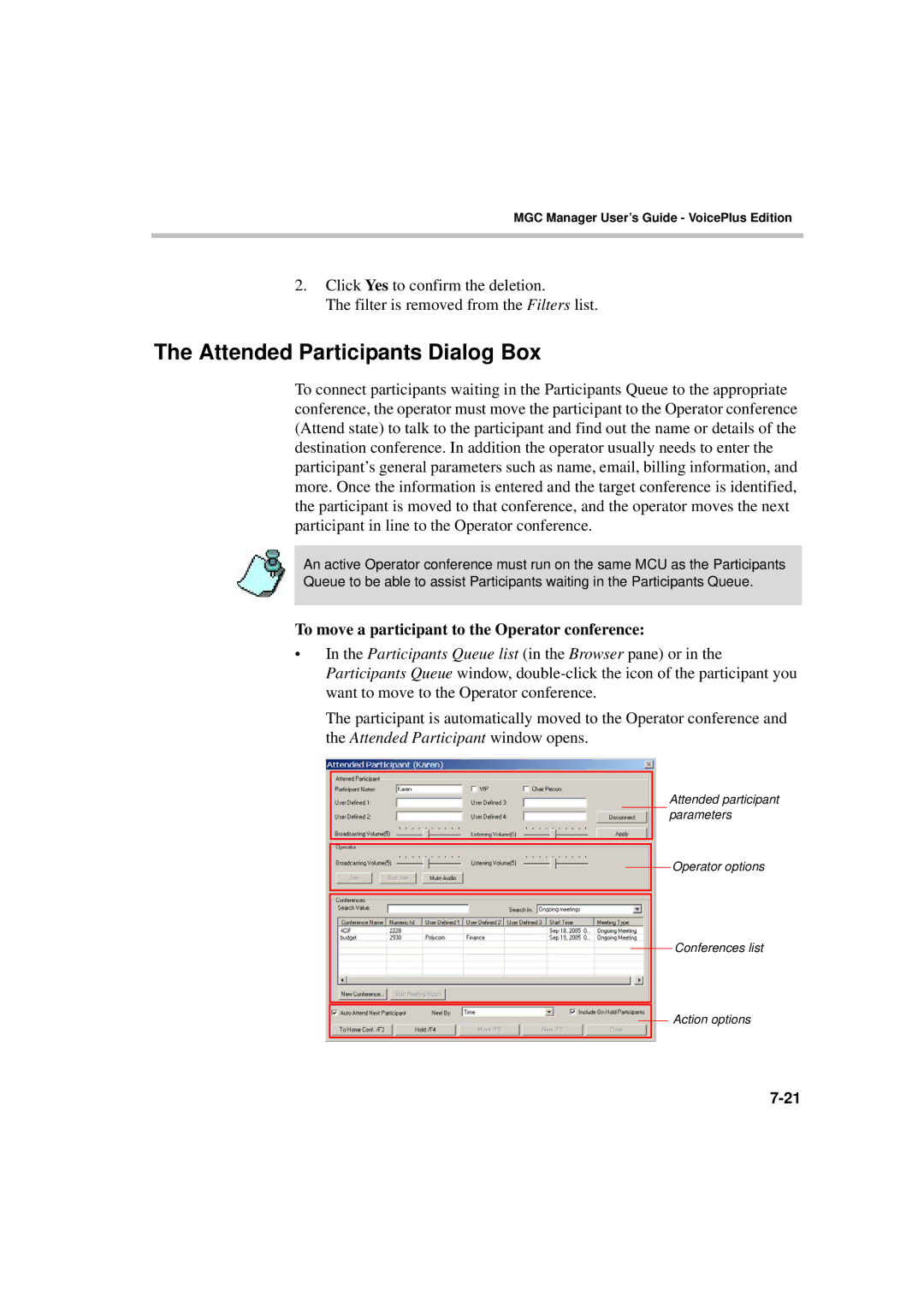 Polycom DOC2066F manual Attended Participants Dialog Box, To move a participant to the Operator conference 