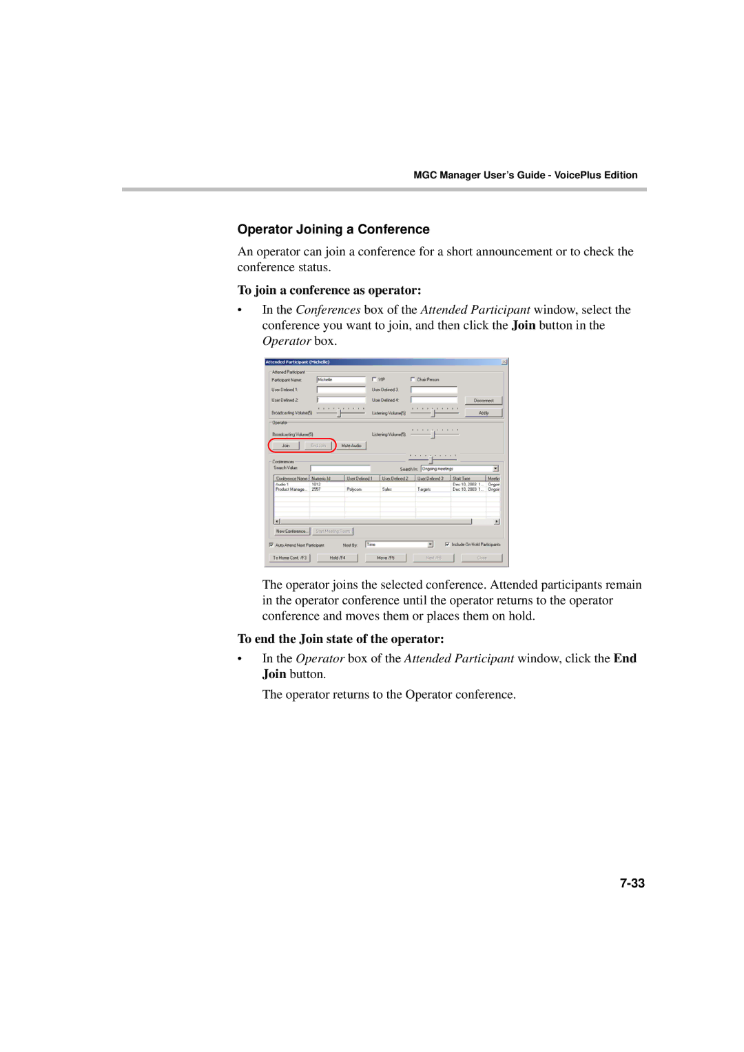 Polycom DOC2066F manual To join a conference as operator, To end the Join state of the operator 