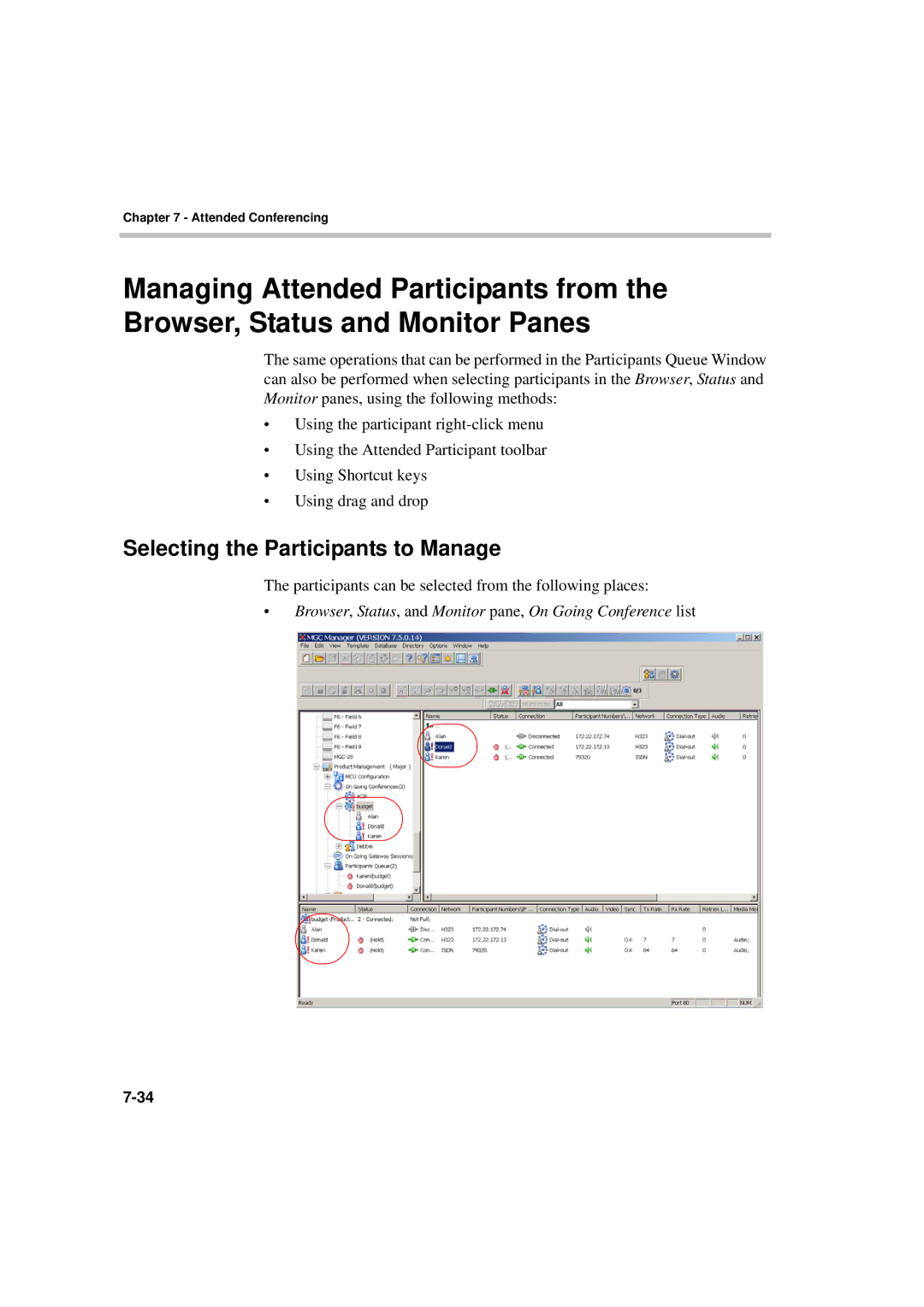 Polycom DOC2066F manual Selecting the Participants to Manage, Browser, Status, and Monitor pane, On Going Conference list 