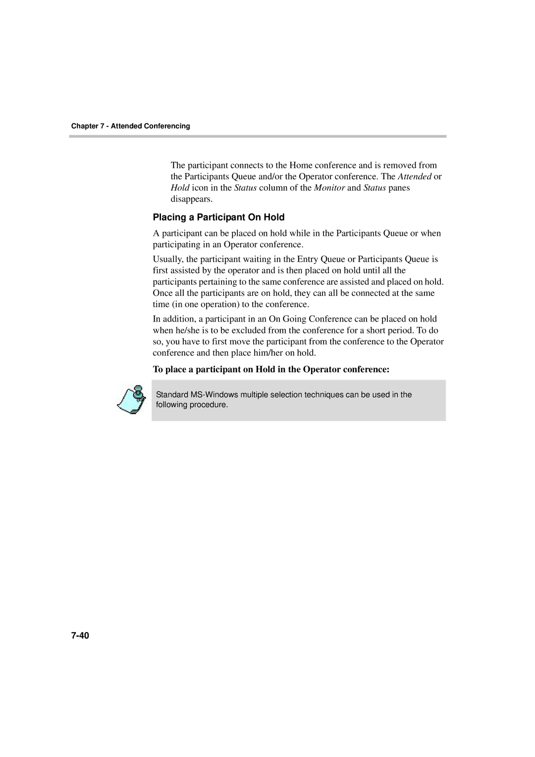 Polycom DOC2066F manual Placing a Participant On Hold, To place a participant on Hold in the Operator conference 