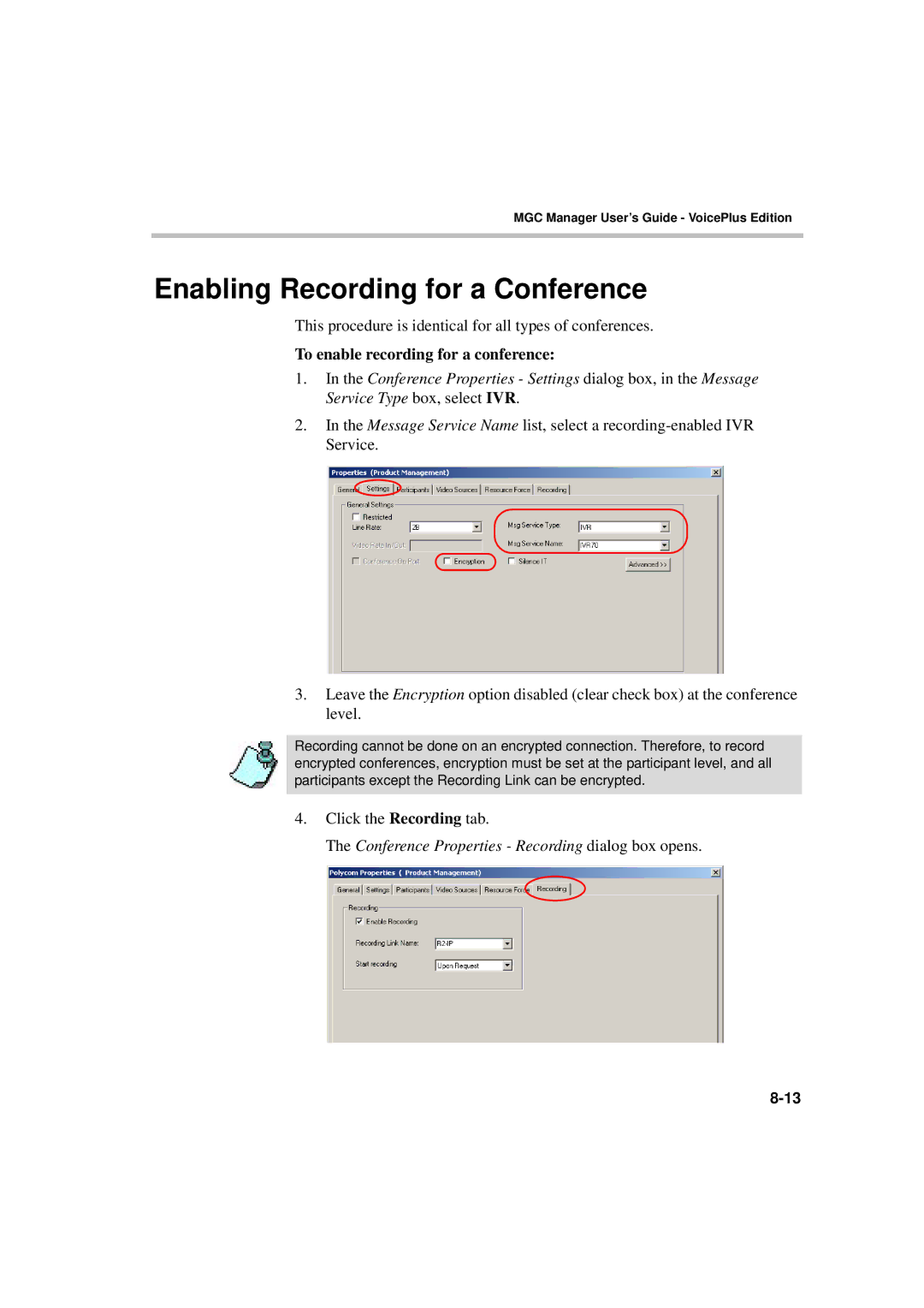 Polycom DOC2066F manual Enabling Recording for a Conference, To enable recording for a conference 