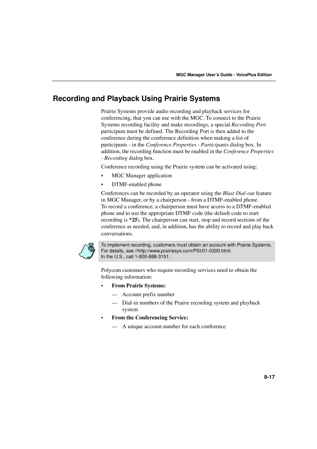 Polycom DOC2066F manual Recording and Playback Using Prairie Systems, From Prairie Systems, From the Conferencing Service 