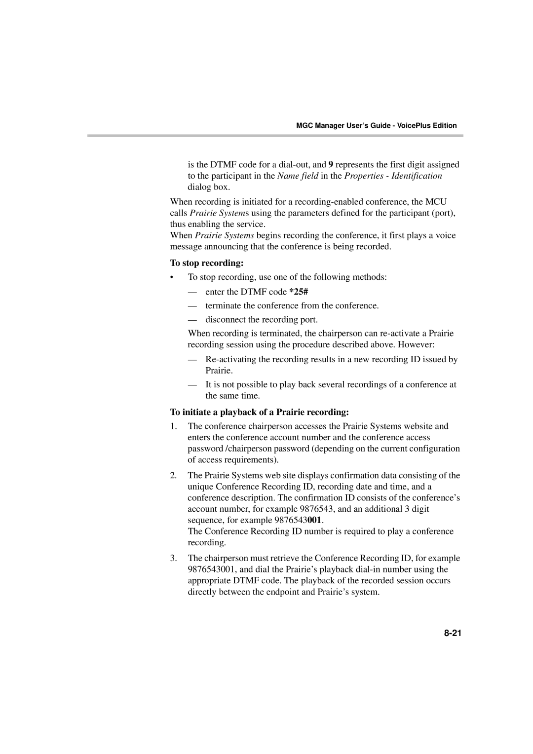 Polycom DOC2066F manual To stop recording, To initiate a playback of a Prairie recording 