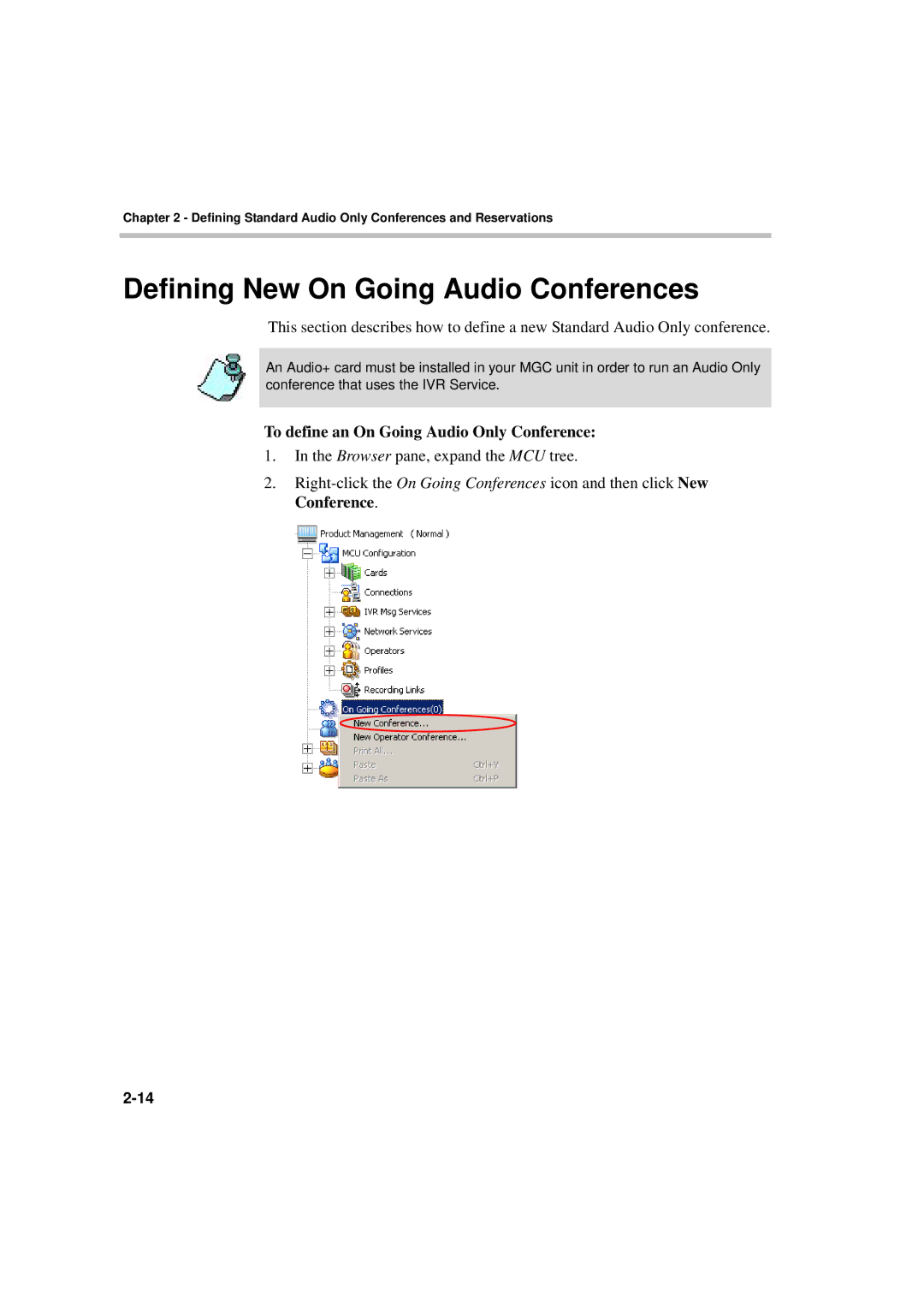 Polycom DOC2066F manual Defining New On Going Audio Conferences, To define an On Going Audio Only Conference 