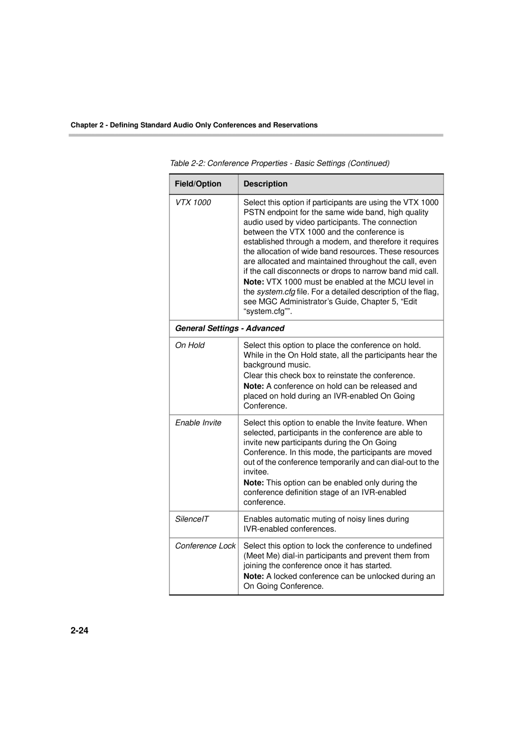 Polycom DOC2066F manual Between the VTX 1000 and the conference is, General Settings Advanced 