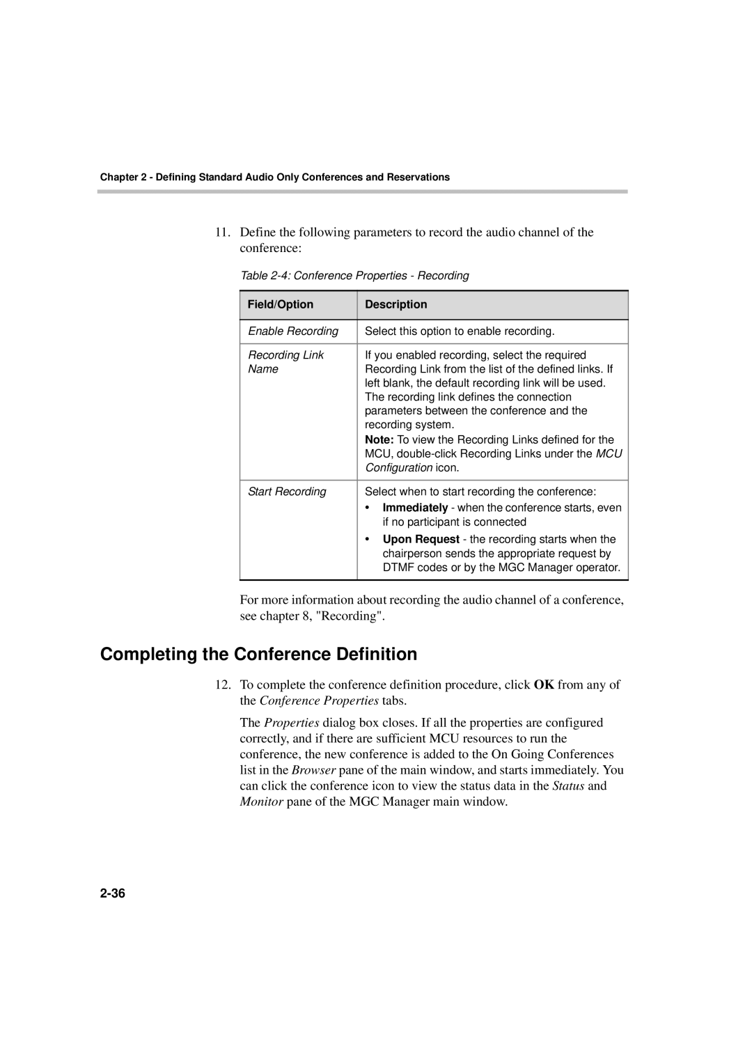 Polycom DOC2066F manual Completing the Conference Definition, Field/Option Description 