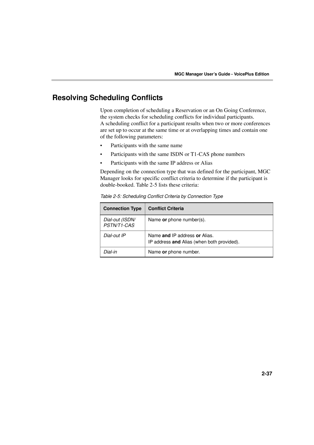 Polycom DOC2066F manual Resolving Scheduling Conflicts, Connection Type Conflict Criteria 