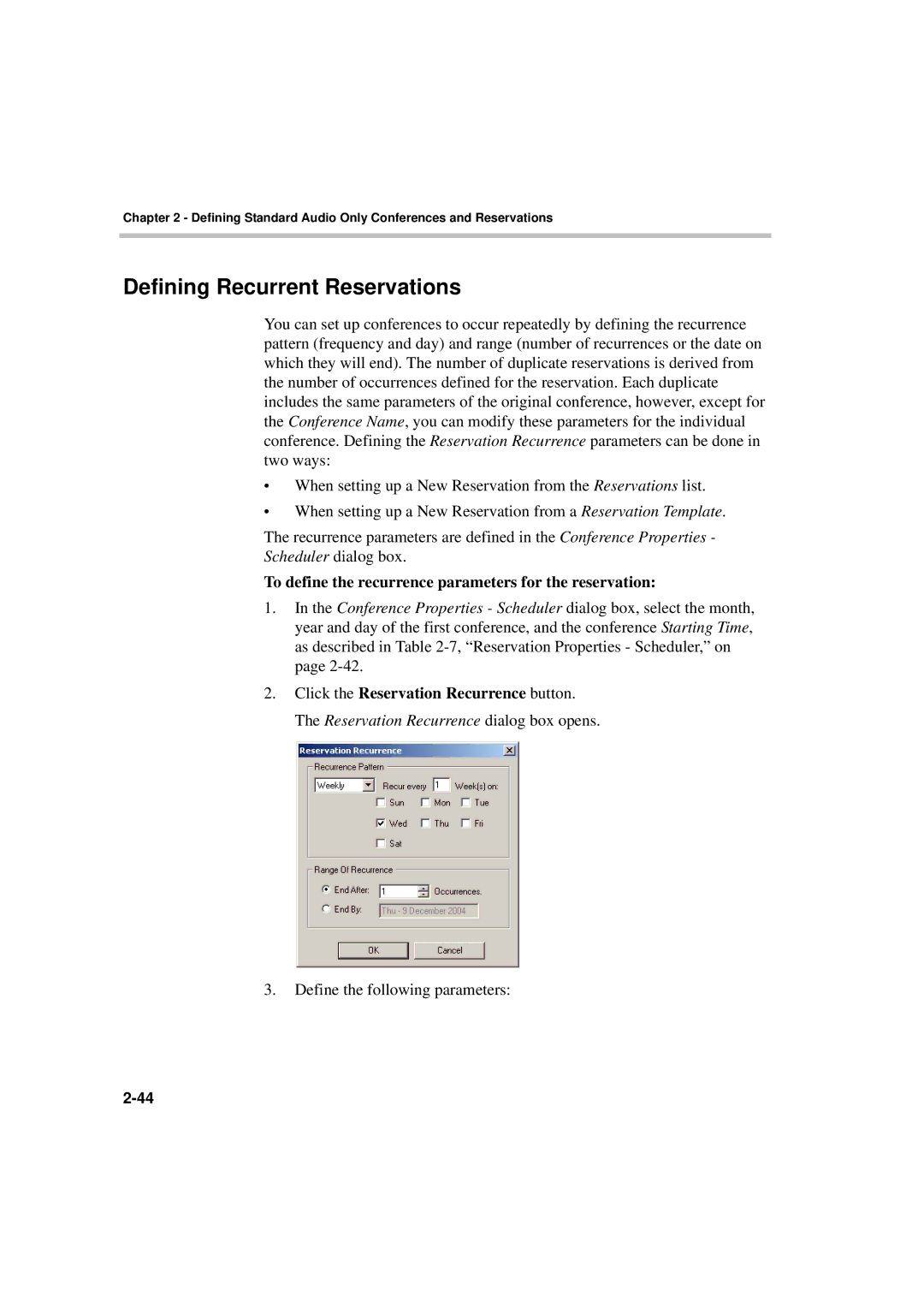 Polycom DOC2066F manual Defining Recurrent Reservations, To define the recurrence parameters for the reservation 