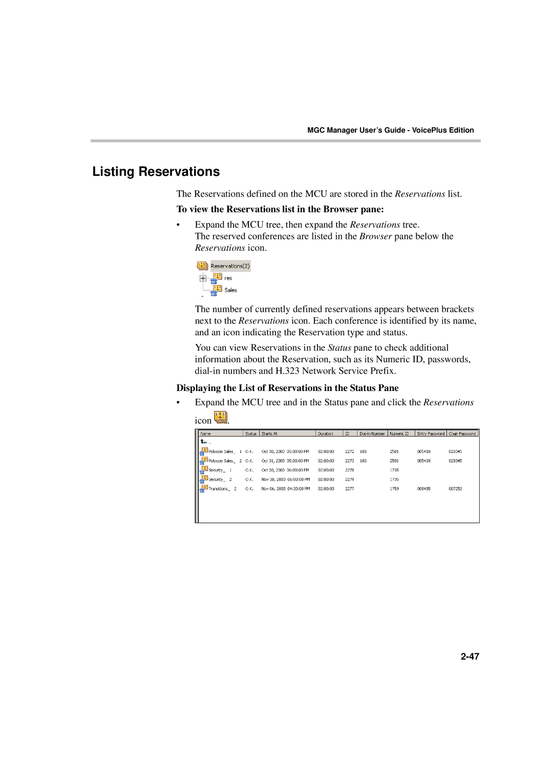 Polycom DOC2066F manual Listing Reservations, To view the Reservations list in the Browser pane 