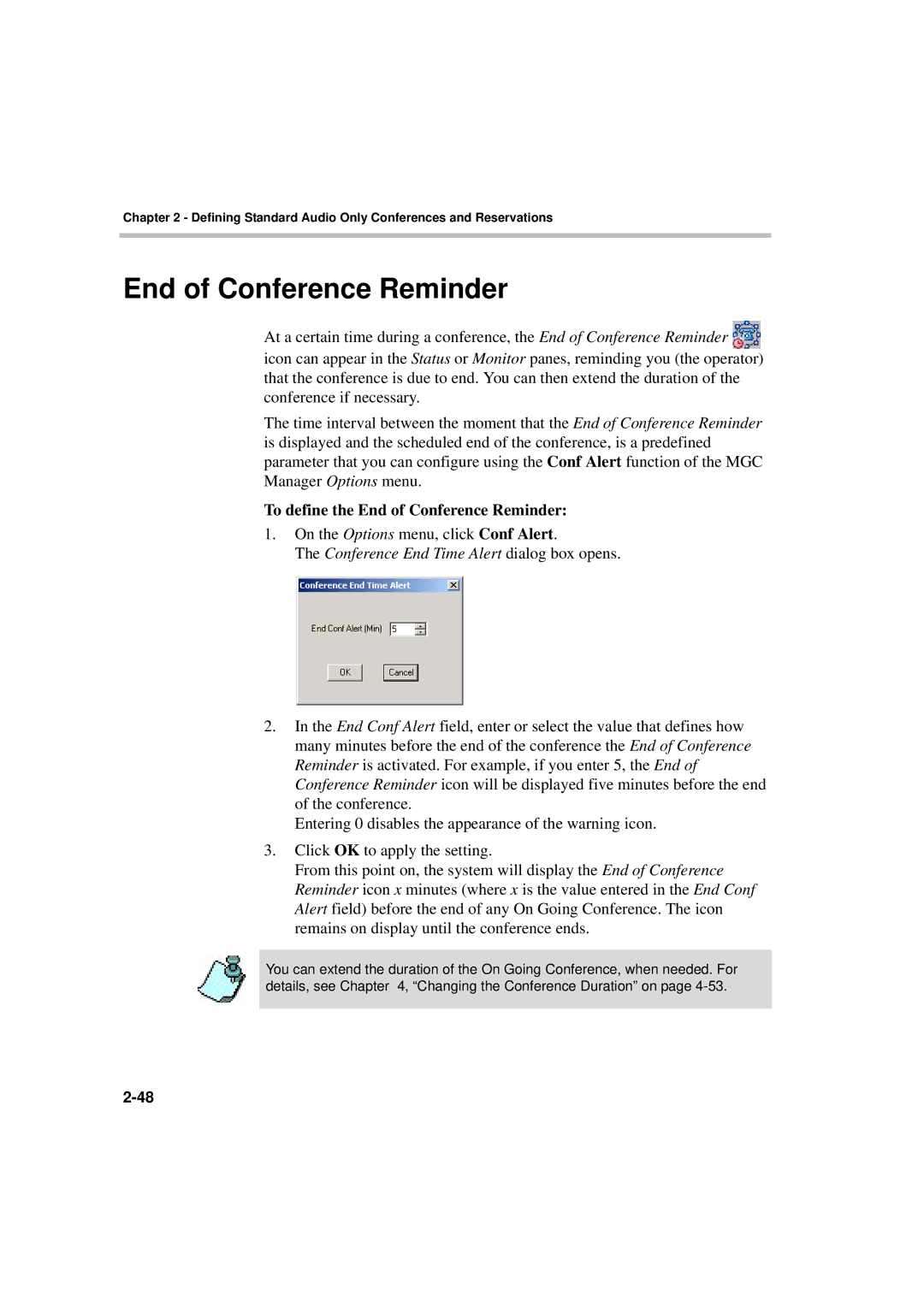 Polycom DOC2066F manual To define the End of Conference Reminder, Conference End Time Alert dialog box opens 