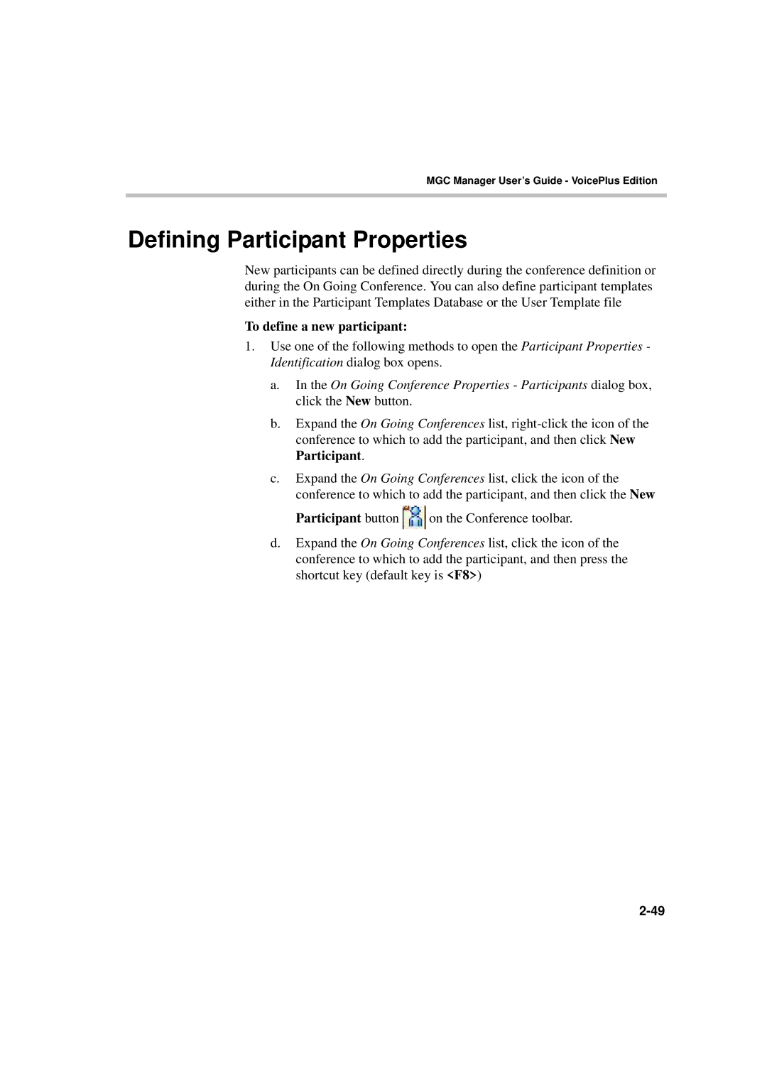 Polycom DOC2066F manual Defining Participant Properties, To define a new participant 