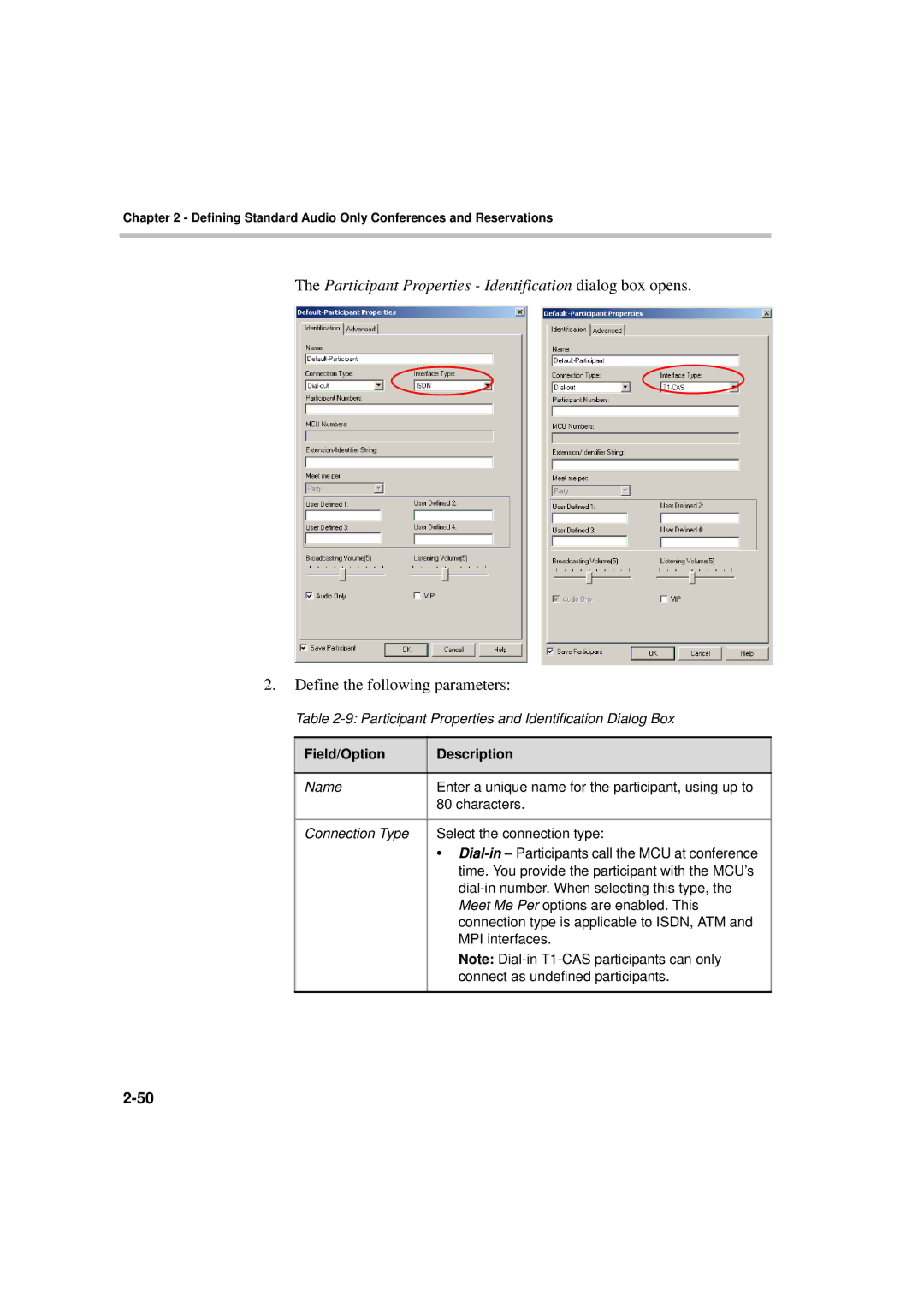 Polycom DOC2066F manual Participant Properties Identification dialog box opens, Field/Option Description 