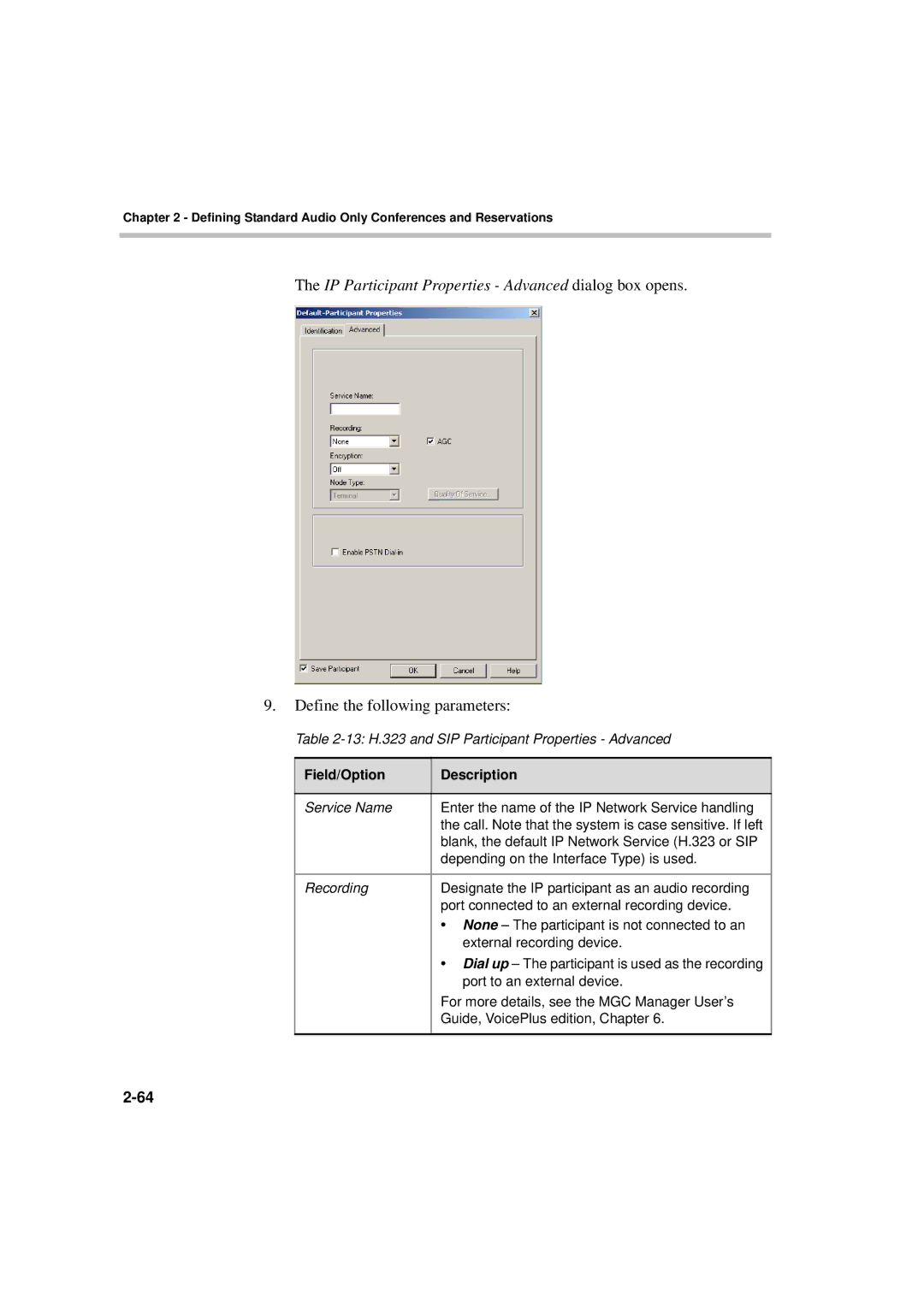 Polycom DOC2066F manual IP Participant Properties Advanced dialog box opens 