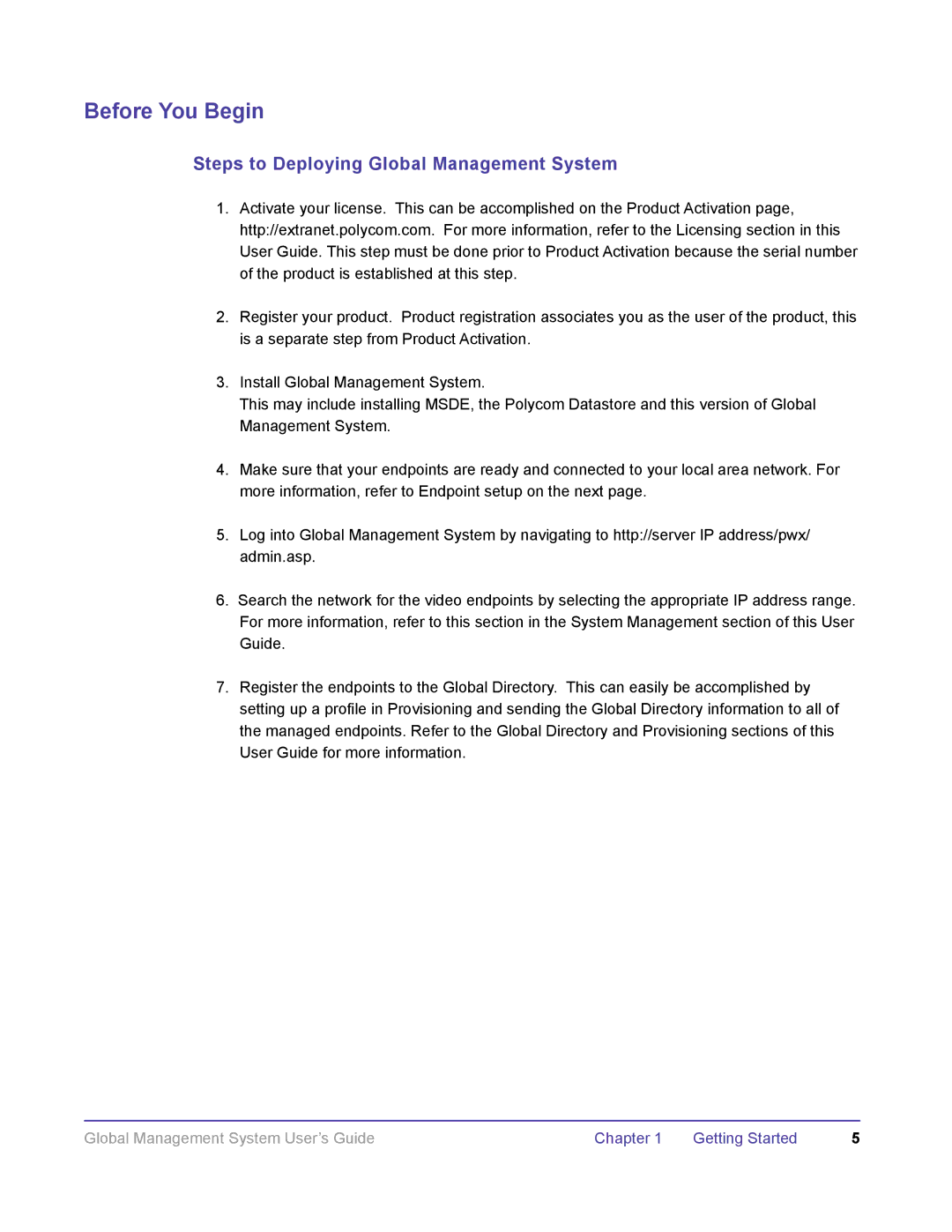 Polycom DOC2091A manual Before You Begin, Steps to Deploying Global Management System 