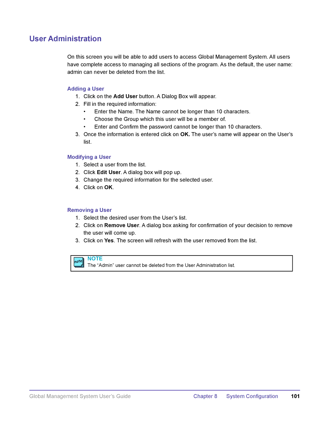 Polycom DOC2091A manual User Administration, Adding a User, Modifying a User, Removing a User 