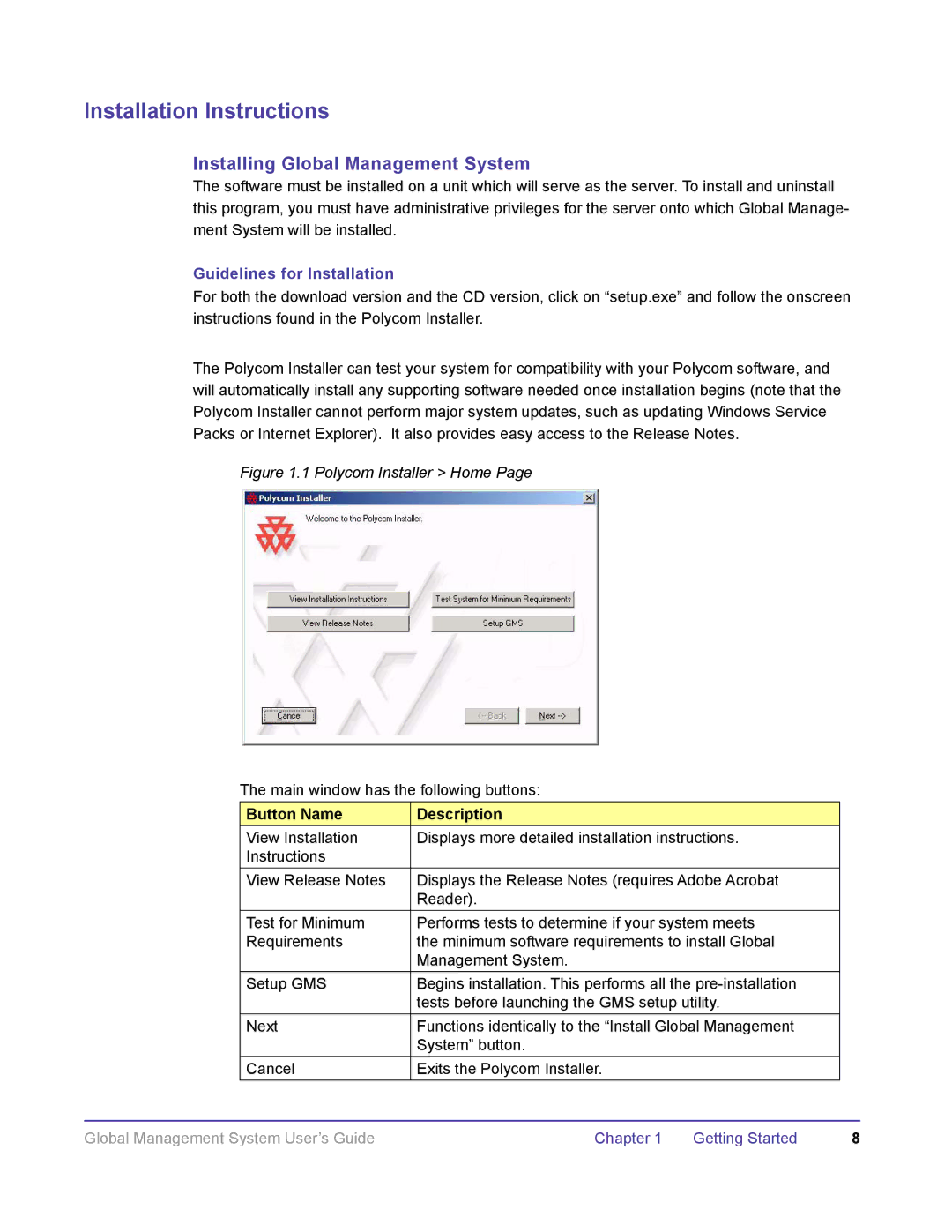 Polycom DOC2091A manual Installation Instructions, Installing Global Management System, Guidelines for Installation 