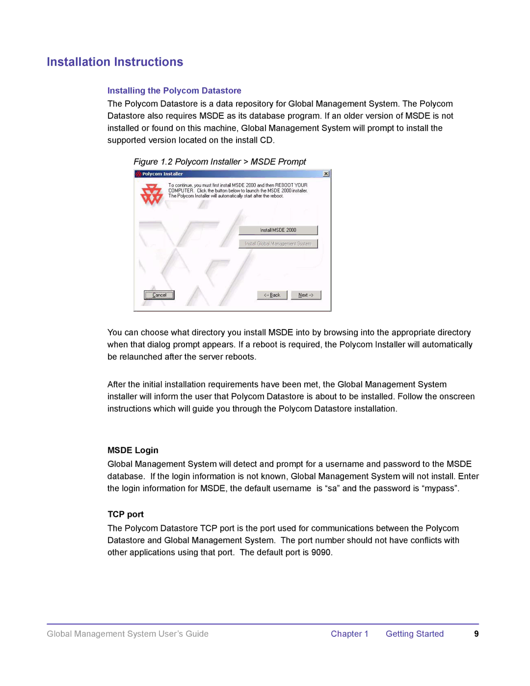 Polycom DOC2091A manual Installing the Polycom Datastore, Msde Login, TCP port 