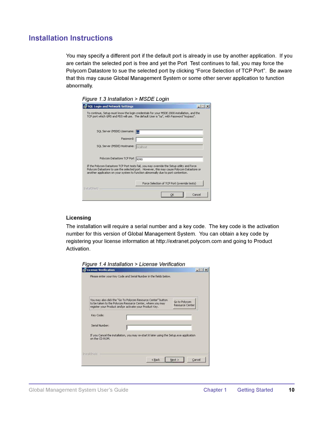 Polycom DOC2091A manual Installation Msde Login, Licensing 