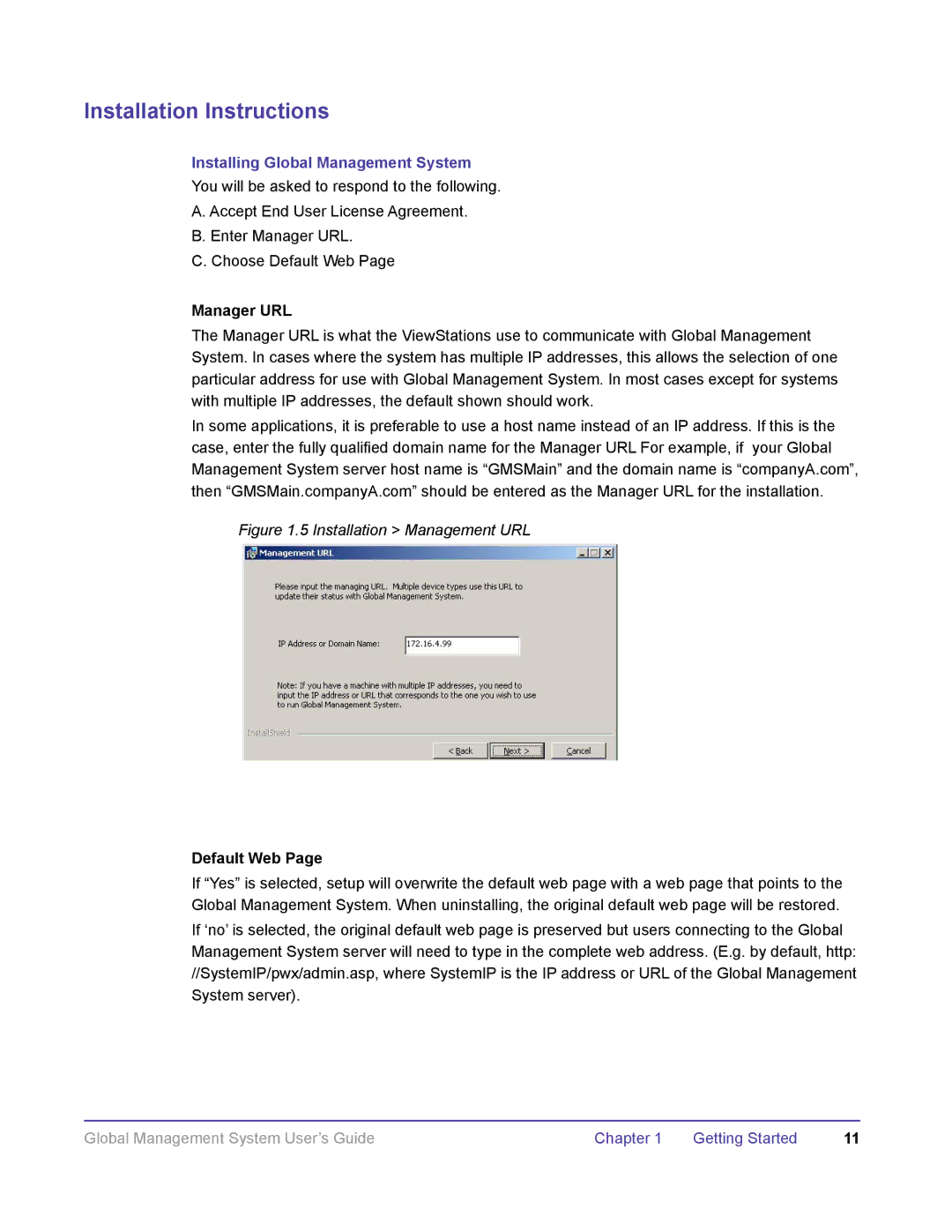 Polycom DOC2091A manual Installing Global Management System, Manager URL, Default Web 