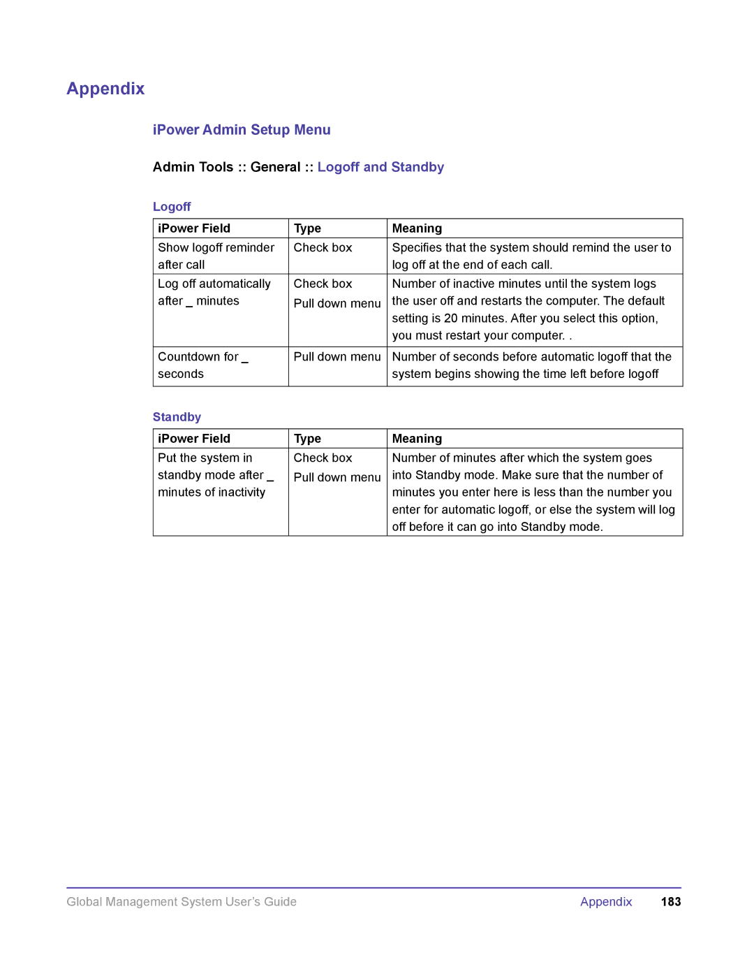 Polycom DOC2091A manual Admin Tools General Logoff and Standby 