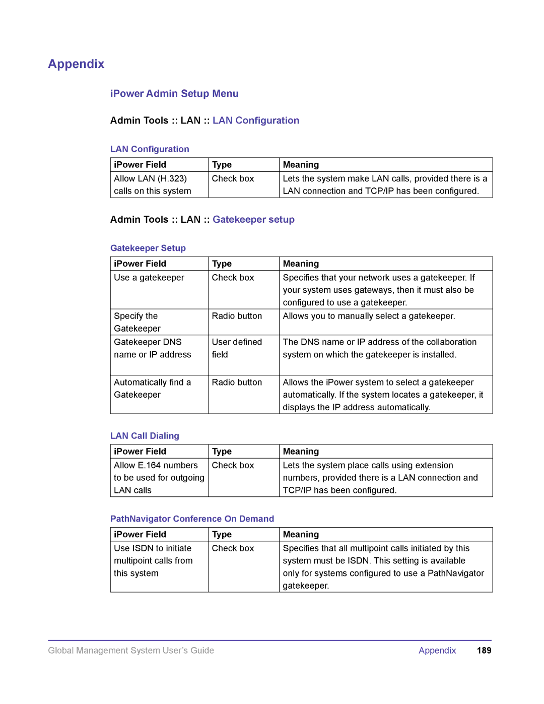 Polycom DOC2091A manual Admin Tools LAN LAN Configuration, Admin Tools LAN Gatekeeper setup 