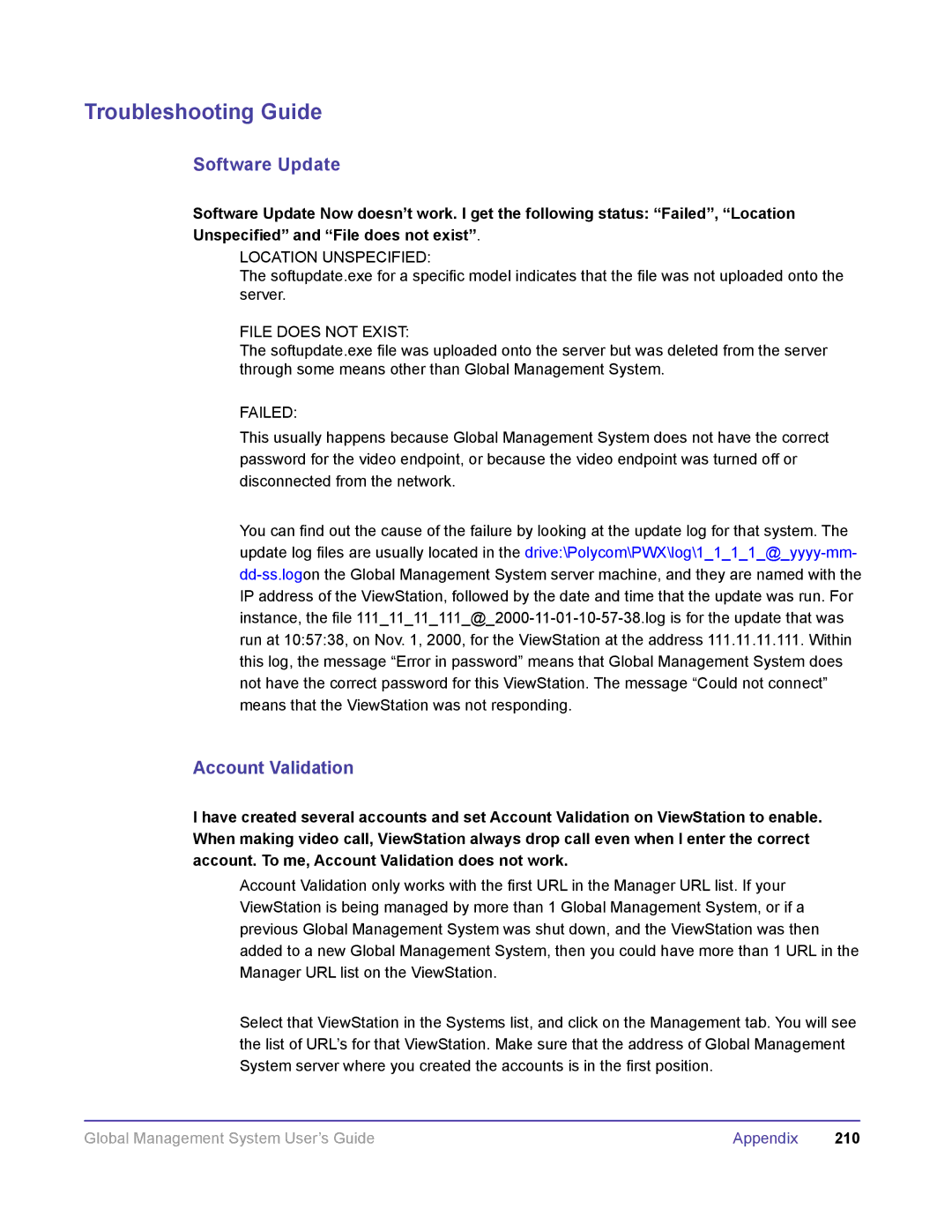 Polycom DOC2091A manual Software Update, Account Validation, Location Unspecified, File does not Exist, Failed 