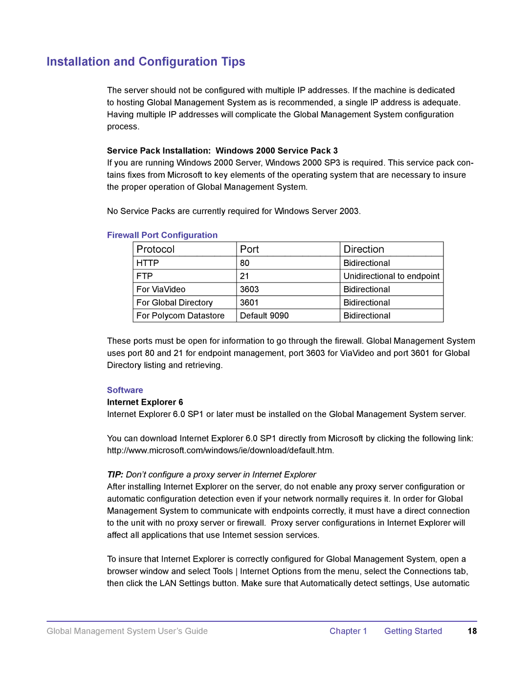 Polycom DOC2091A manual Service Pack Installation Windows 2000 Service Pack, Firewall Port Configuration, Software 