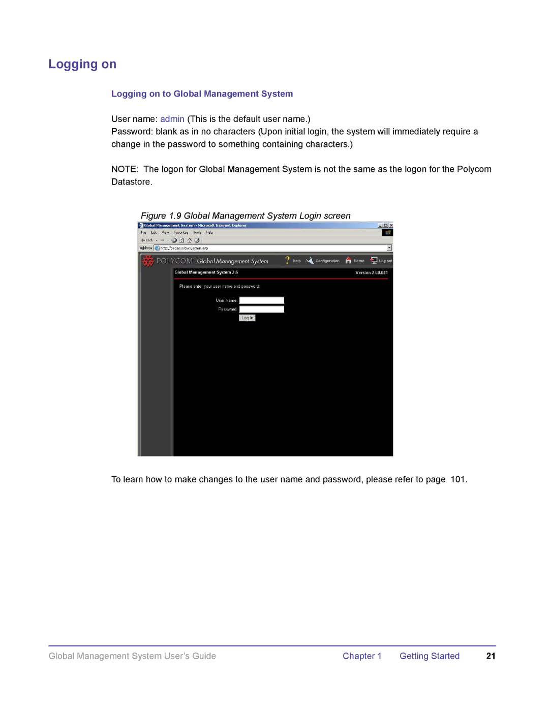 Polycom DOC2091A manual Logging on to Global Management System, Global Management System Login screen 