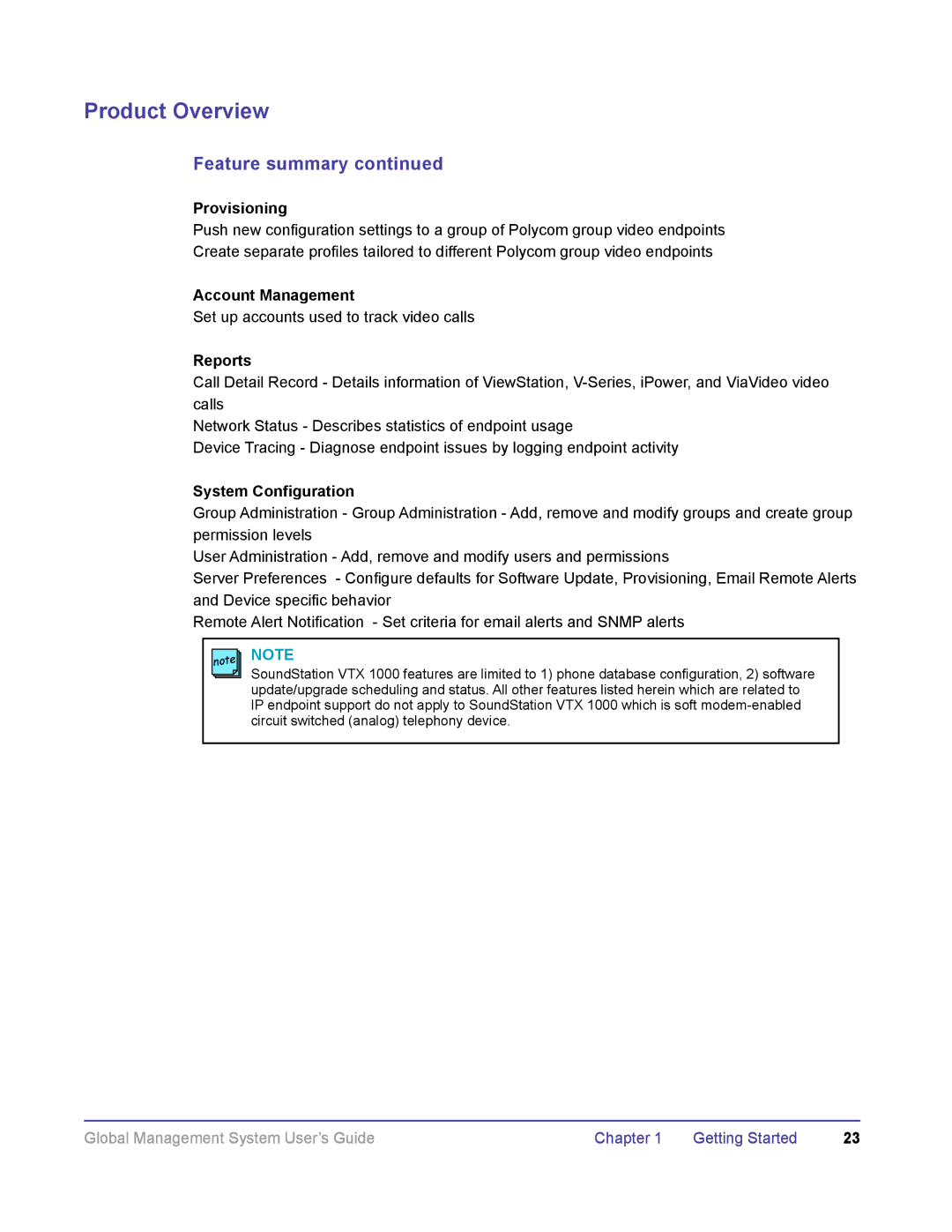 Polycom DOC2091A manual Provisioning, Account Management, Reports, System Configuration, Chapter Getting Started 