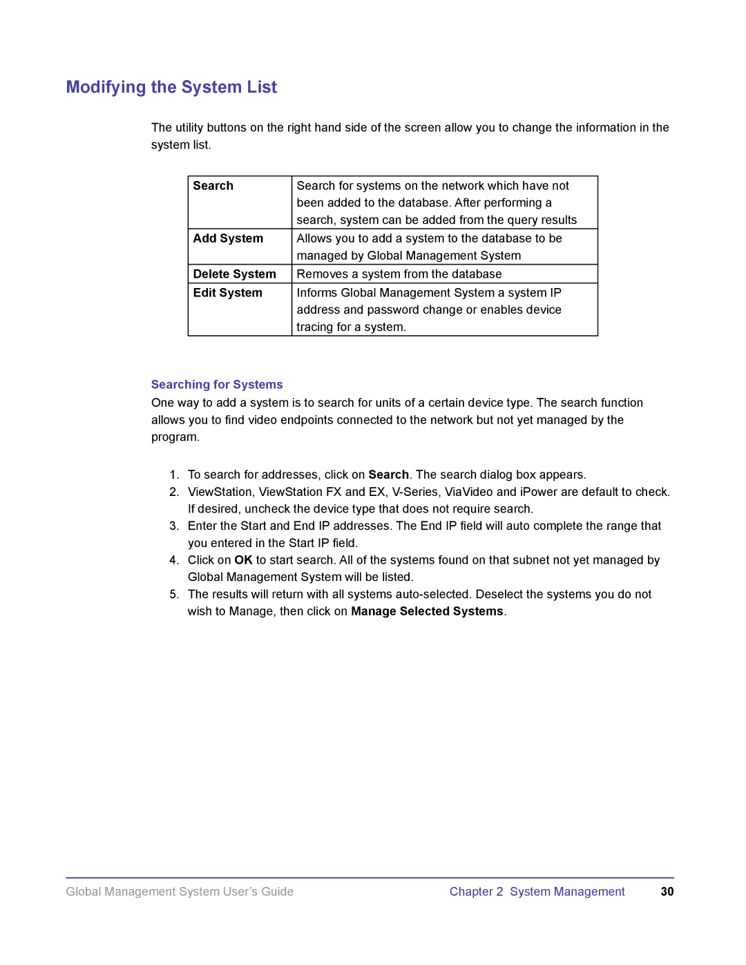 Polycom DOC2091A manual Modifying the System List, Searching for Systems 