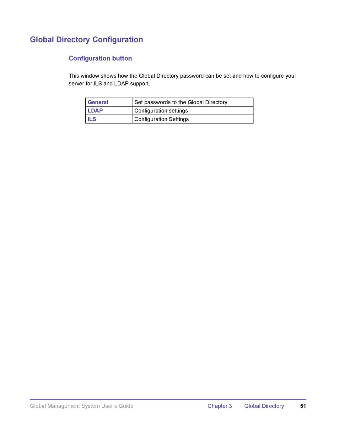 Polycom DOC2091A manual Global Directory Configuration, Configuration button, General Set passwords to the Global Directory 