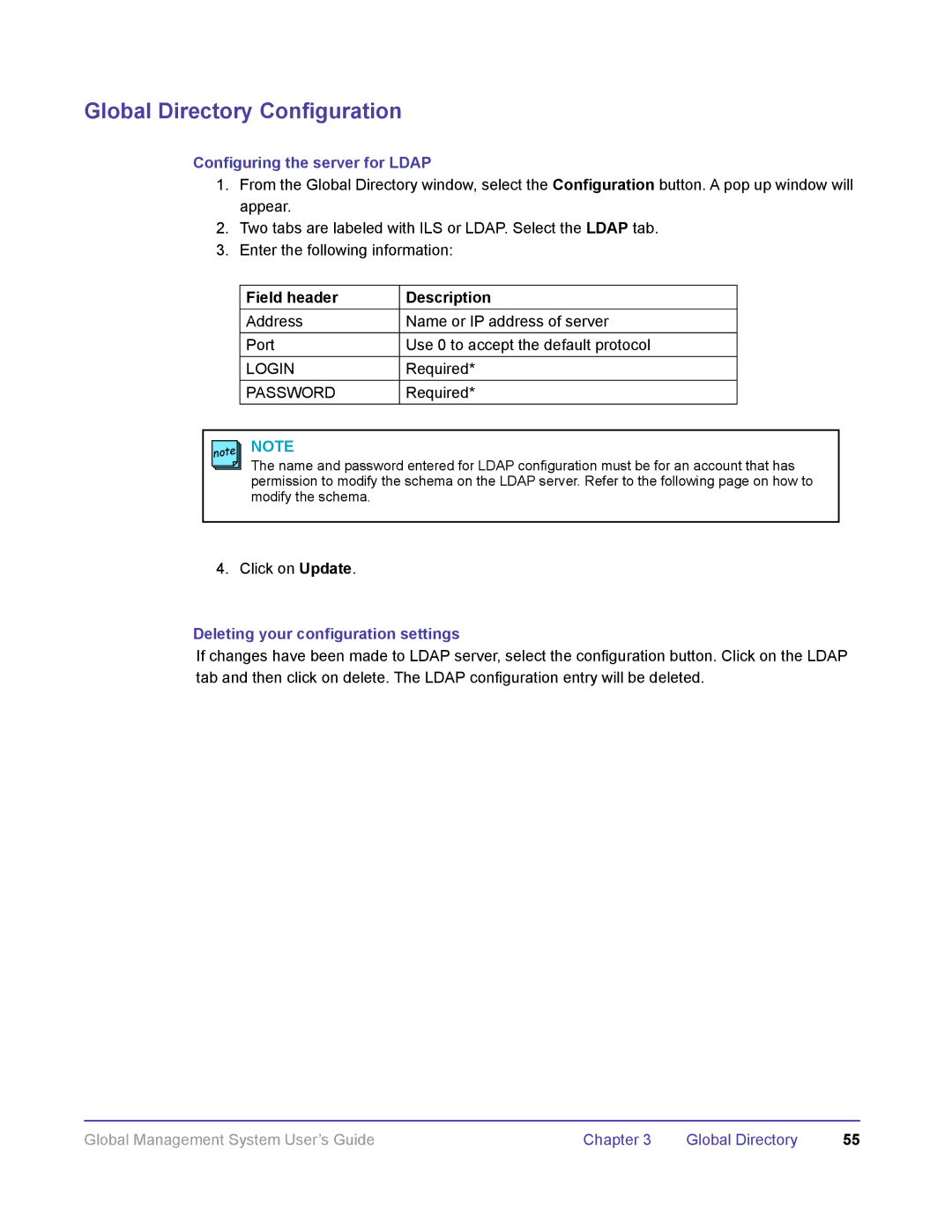 Polycom DOC2091A manual Configuring the server for Ldap, Field header Description, Login, Password 