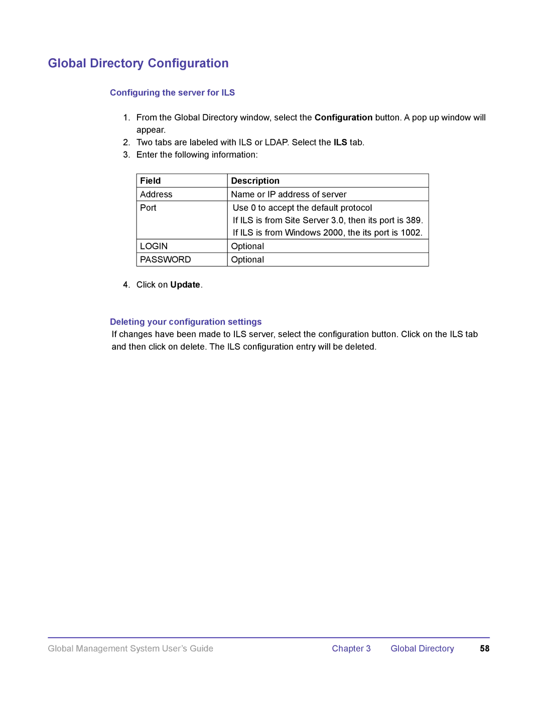 Polycom DOC2091A manual Configuring the server for ILS, Field Description 