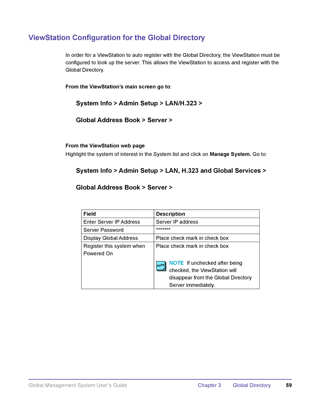 Polycom DOC2091A manual ViewStation Configuration for the Global Directory, From the ViewStation’s main screen go to 