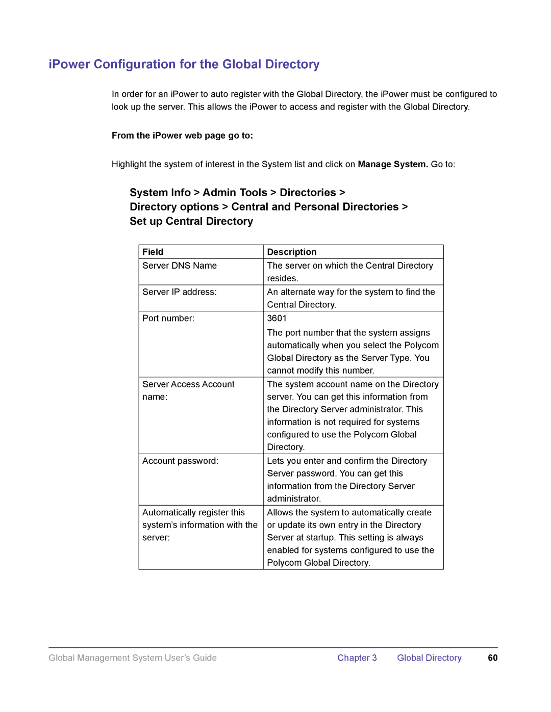 Polycom DOC2091A manual IPower Configuration for the Global Directory, From the iPower web page go to 