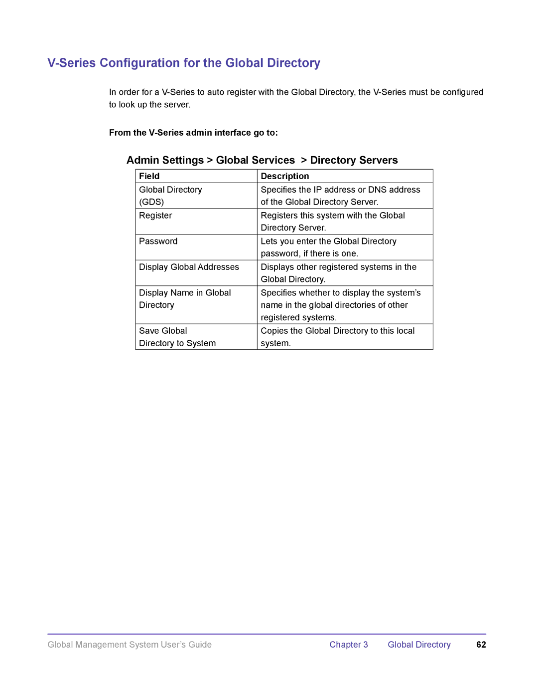 Polycom DOC2091A manual Series Configuration for the Global Directory, From the V-Series admin interface go to, Gds 