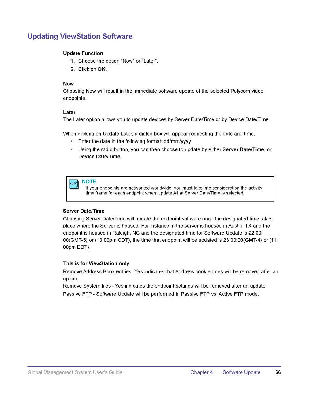 Polycom DOC2091A manual Update Function, Now, Later, Server Date/Time, This is for ViewStation only 