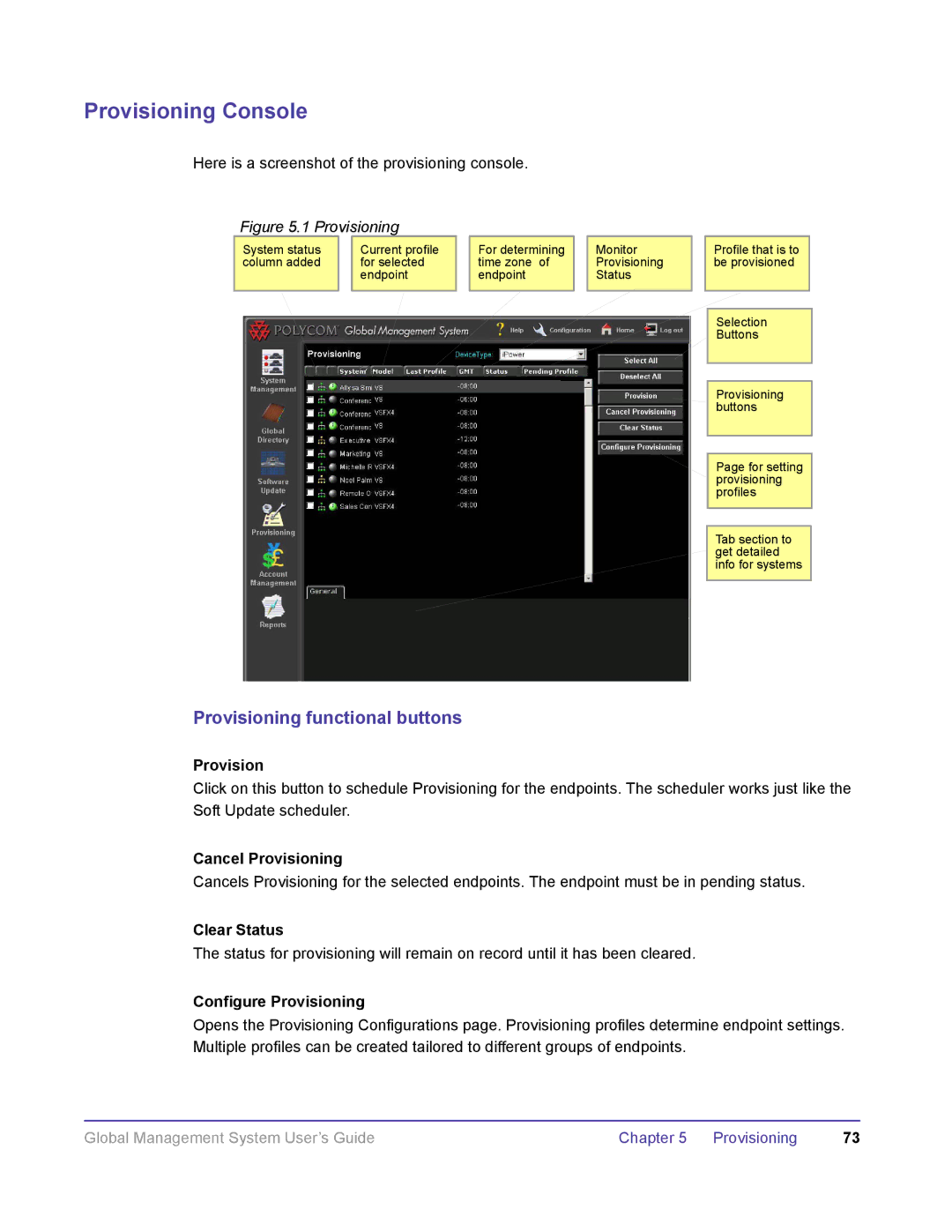 Polycom DOC2091A manual Provisioning Console, Provisioning functional buttons 