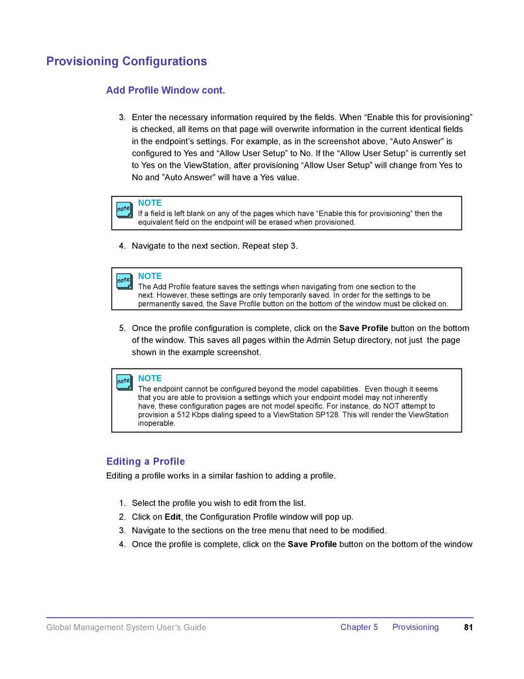 Polycom DOC2091A manual Editing a Profile, Navigate to the next section. Repeat step 