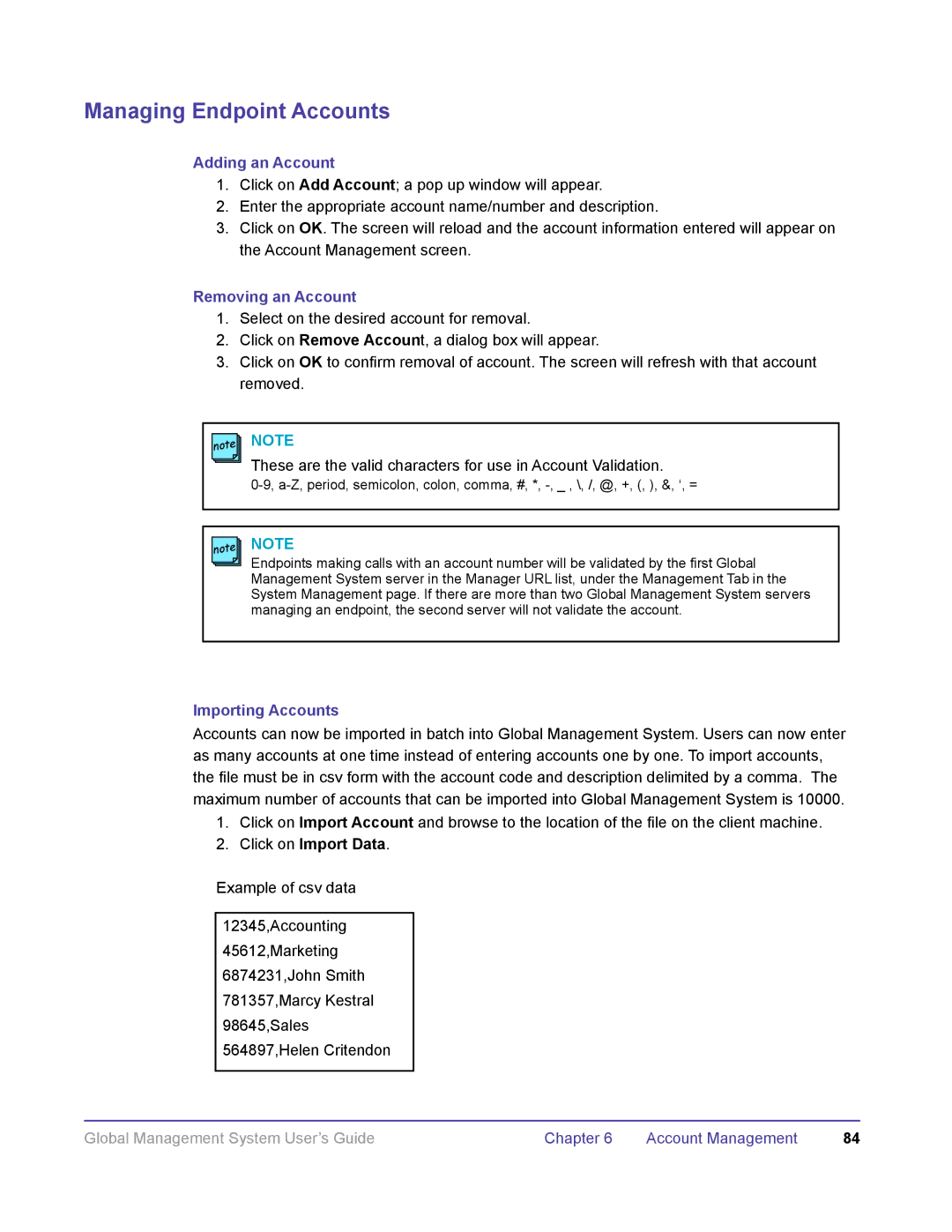 Polycom DOC2091A manual Managing Endpoint Accounts, Adding an Account, Removing an Account, Importing Accounts 