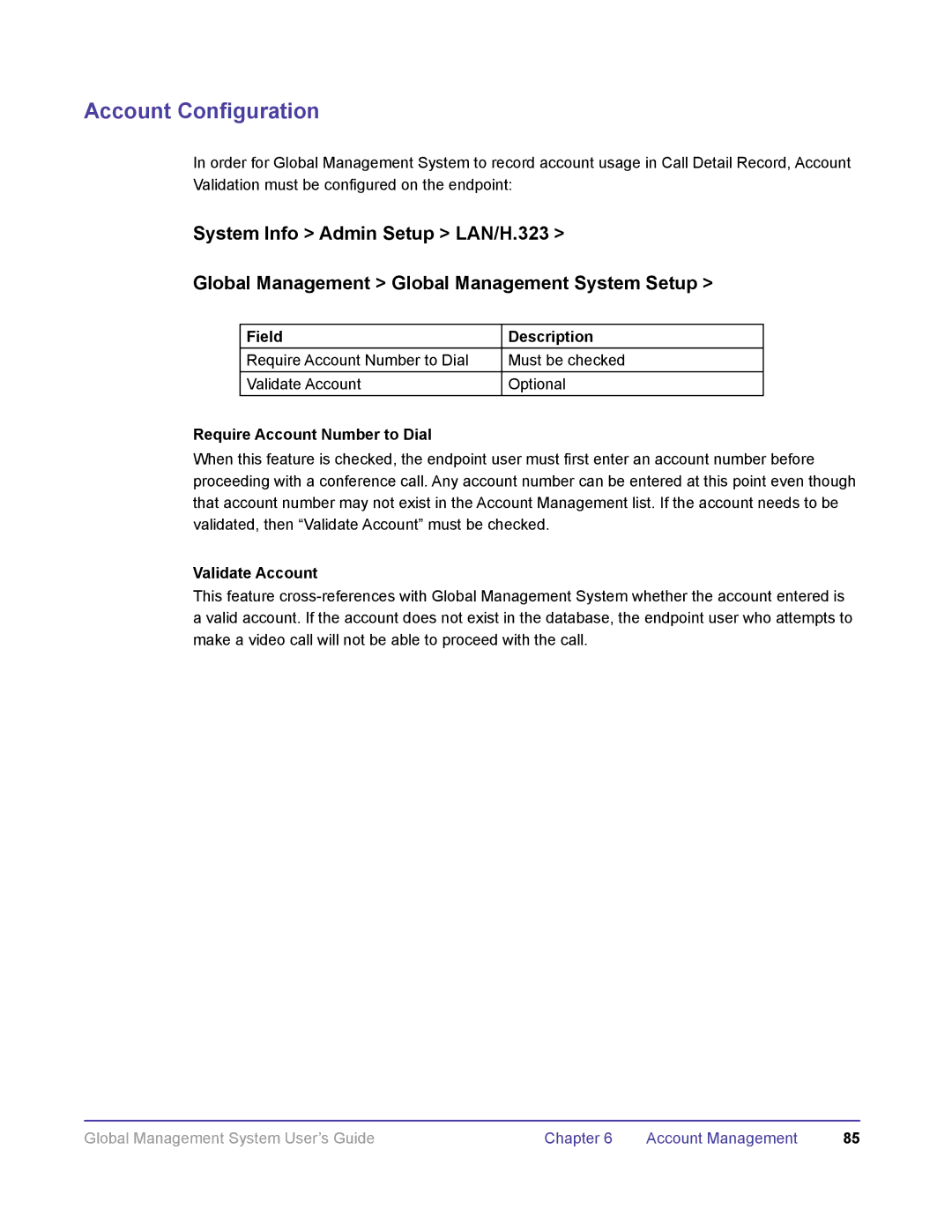 Polycom DOC2091A manual Account Configuration, Require Account Number to Dial, Validate Account 