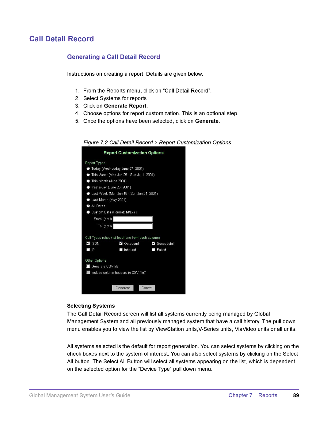 Polycom DOC2091A manual Generating a Call Detail Record, Click on Generate Report, Selecting Systems 